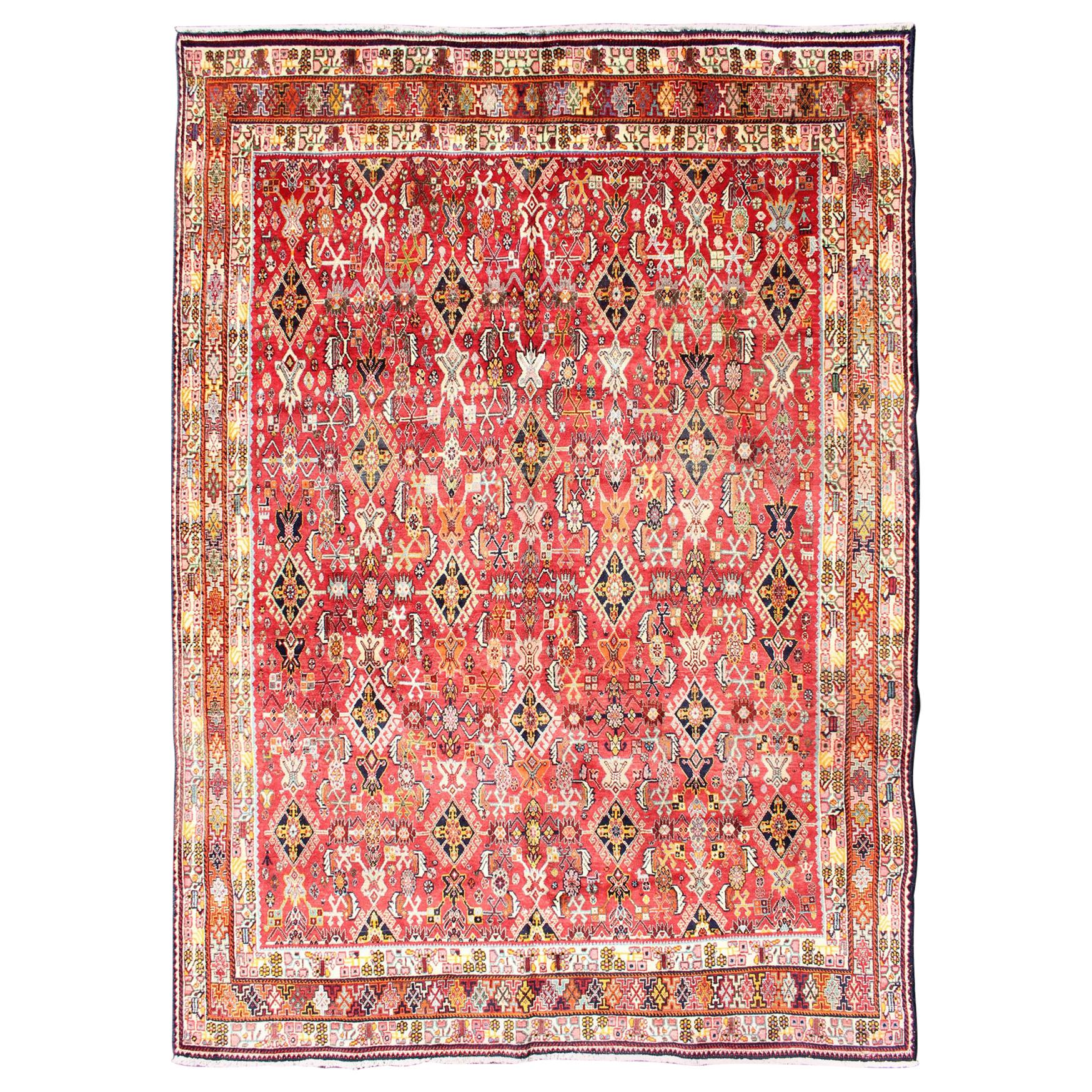 Vintage Shiraz/Qashgai Persian Rug in All-Over Design in Red and Multi-Colors