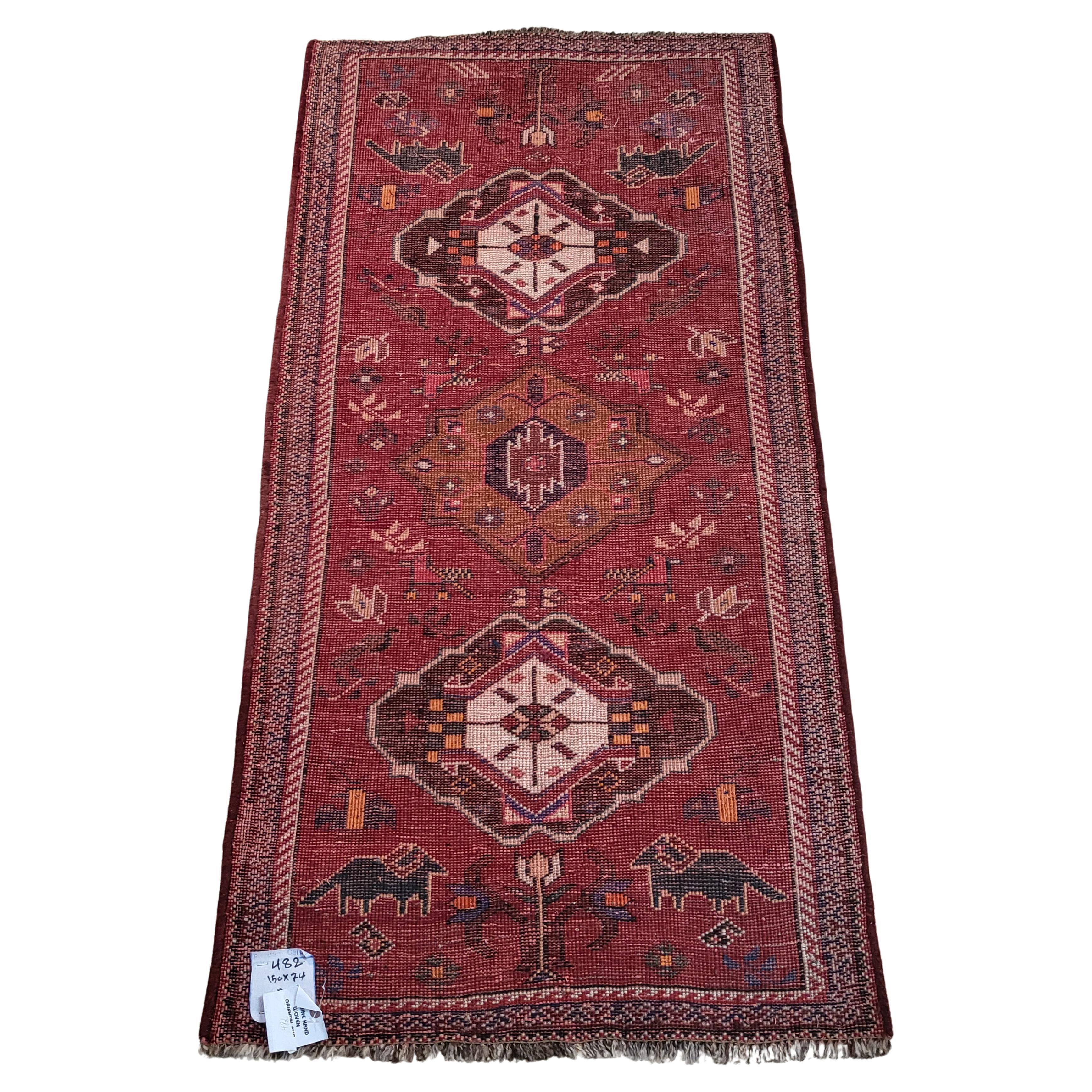 Hand-Knotted Vintage Shiraz Tribal Style Runner - Geometric / Animal Design - Maroon For Sale