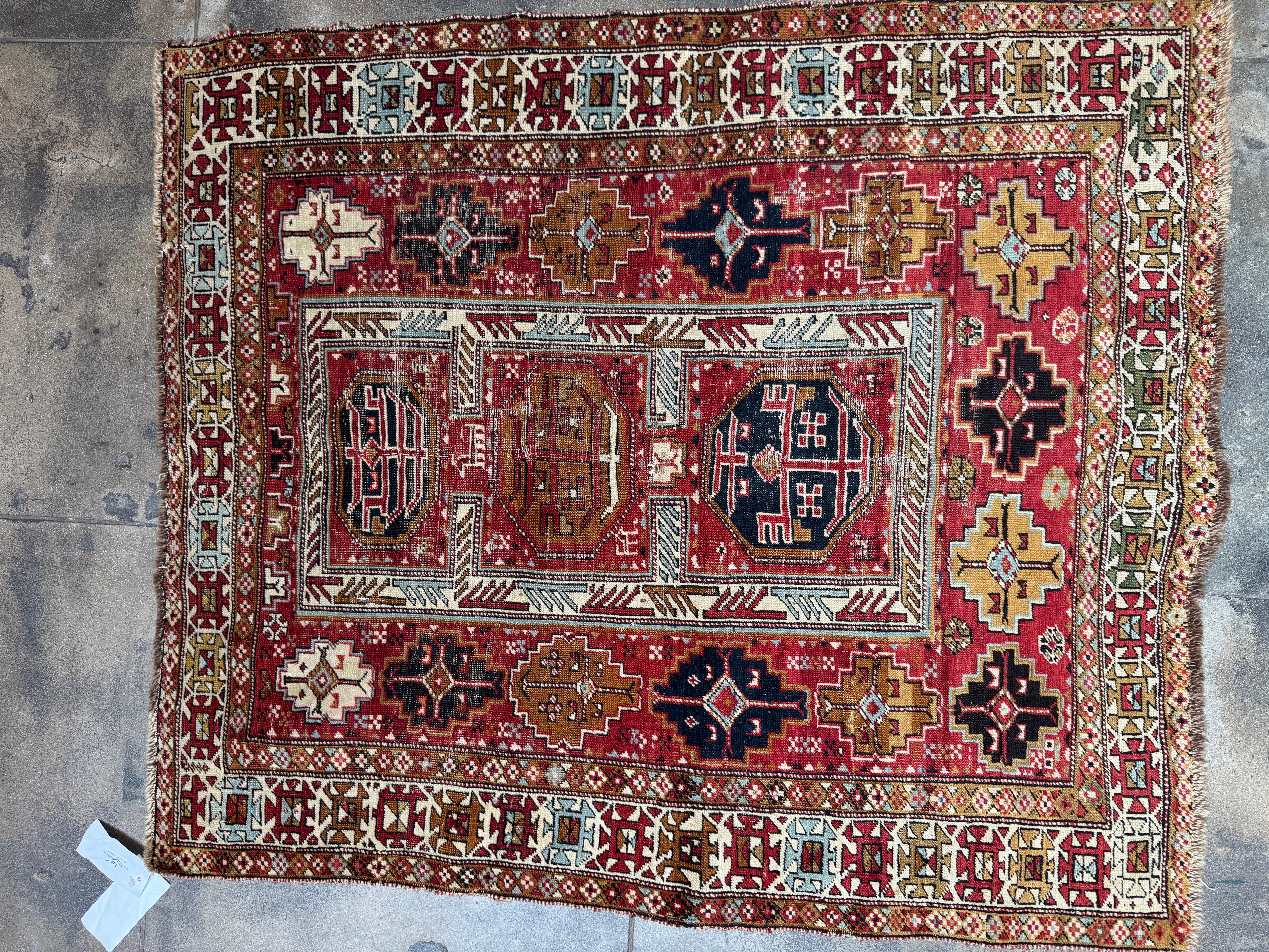 Azerbaijani Vintage Shirvan Hand-Knotted Wool Rug With Intricate Tribal Patterns For Sale
