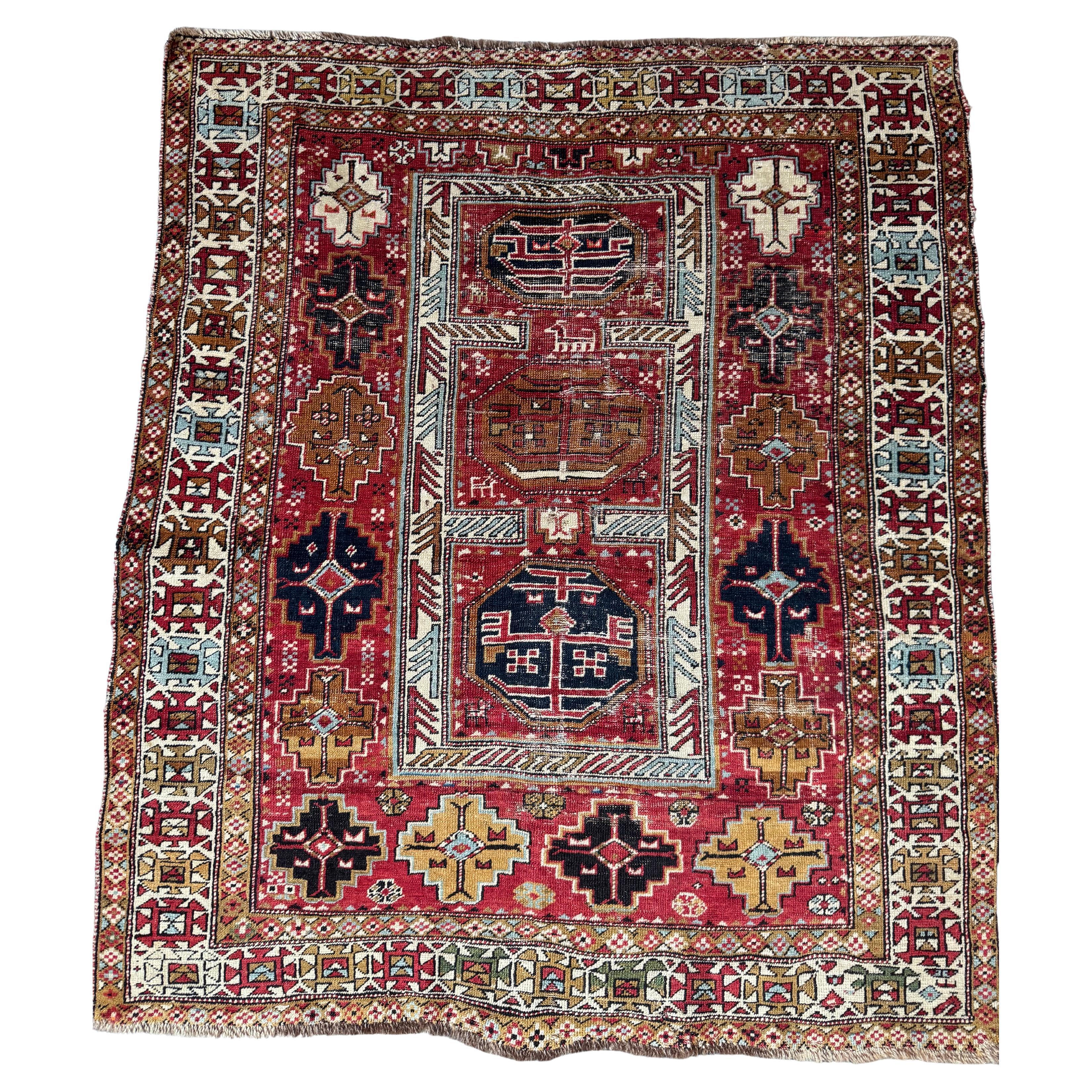 Vintage Shirvan Hand-Knotted Wool Rug With Intricate Tribal Patterns For Sale