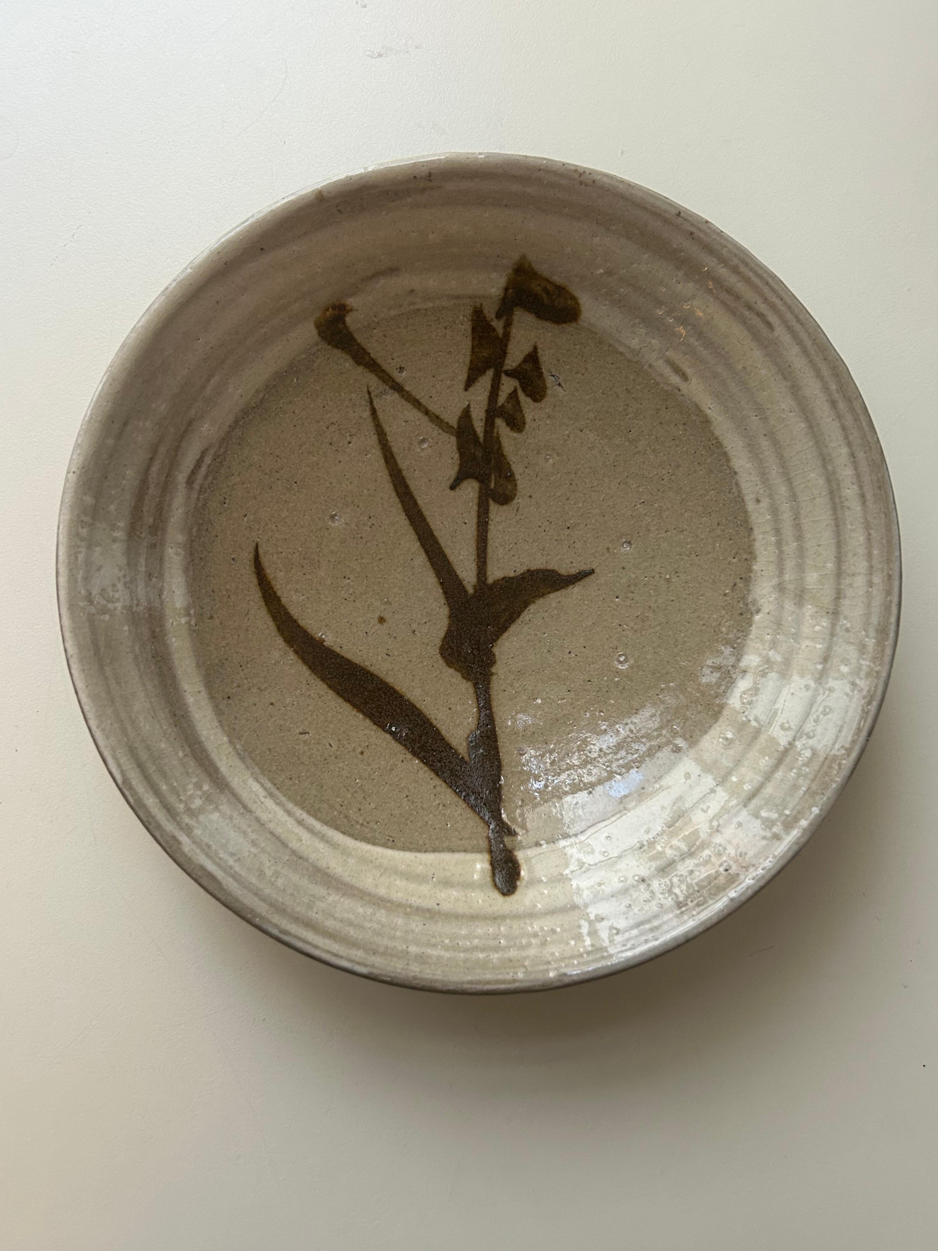 Japanese Vintage Shoji Hamada Ceramic Dish in Stem/Leaf Design from Mashiko, Japan, 1970s For Sale