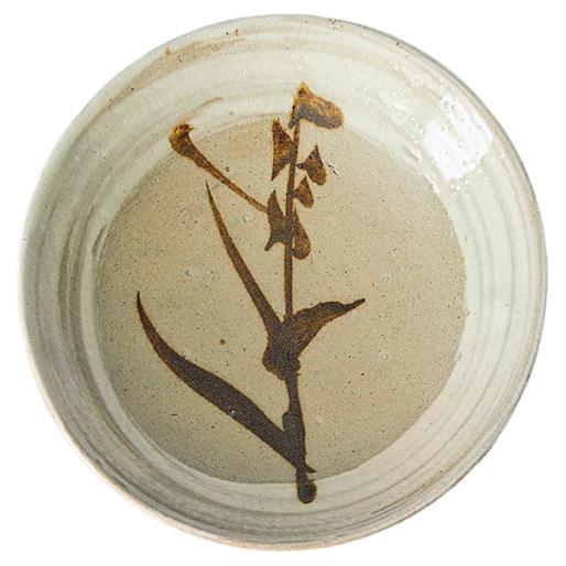 Vintage Shoji Hamada Ceramic Dish in Stem/Leaf Design from Mashiko, Japan, 1970s For Sale