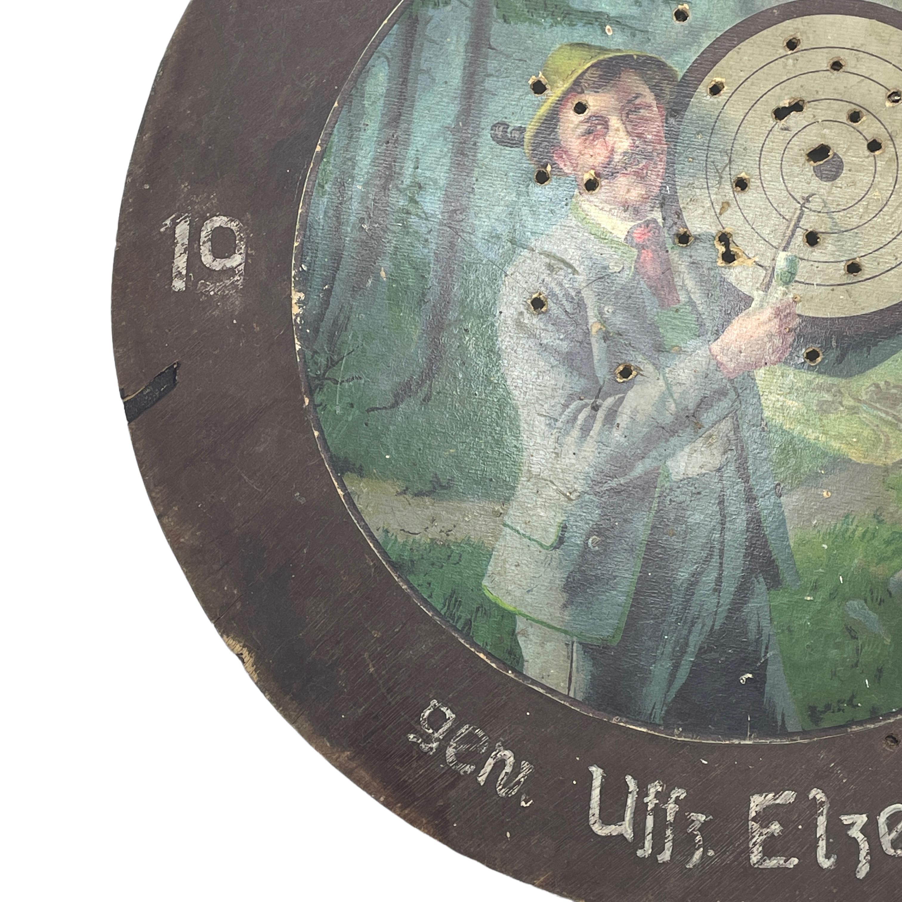 Vintage Shooting Lodge Target Plaque 1937.  A rare and beautiful wooden shooting target plaque with inscriptions. This rare kings plaque was issued by a shooting club in Germany in 1937. Inscribed with date, place and the names of the participants.