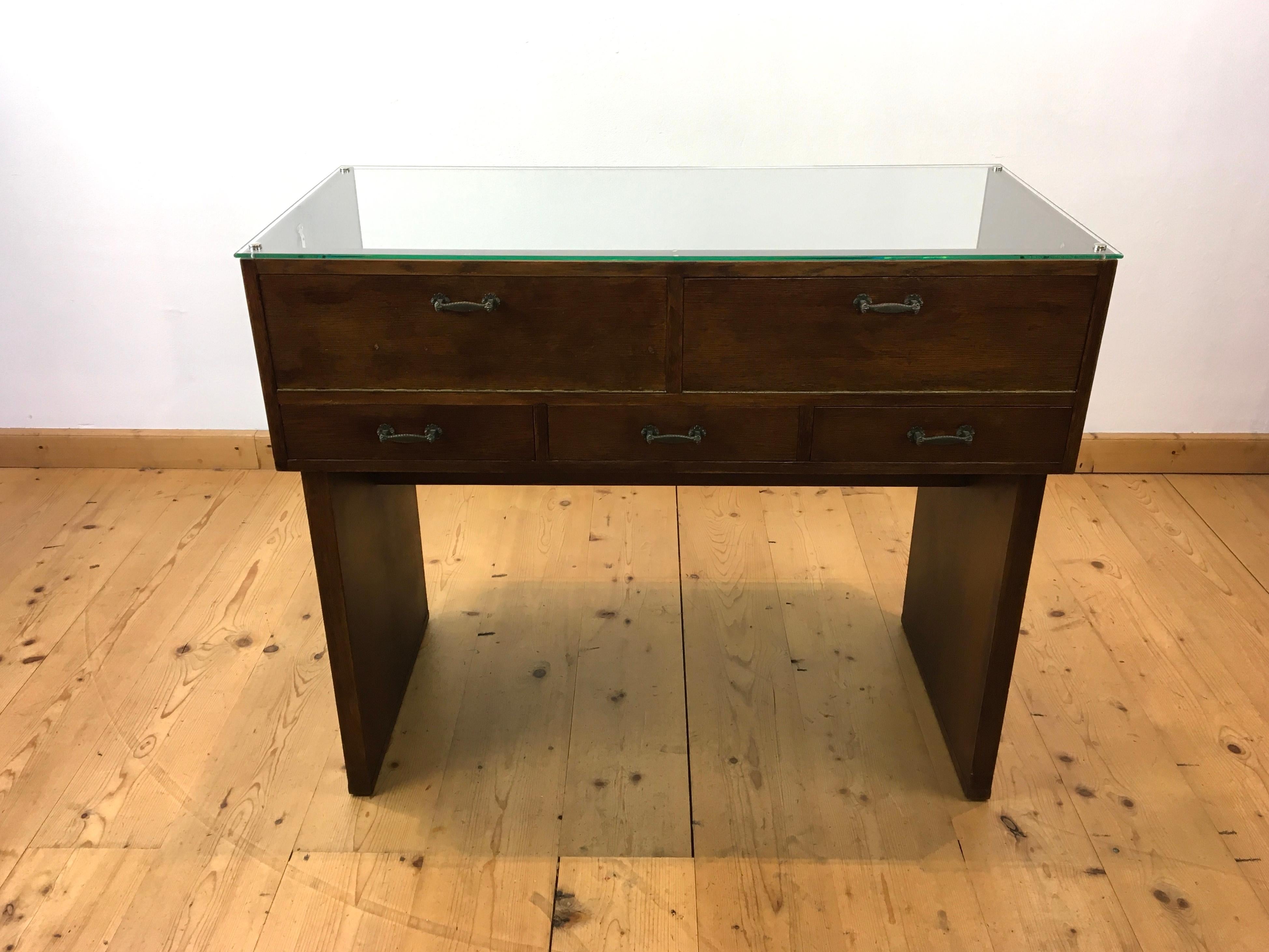 Vintage Shop Counter, Wood, Glass, Valves and Drawers In Good Condition In Antwerp, BE
