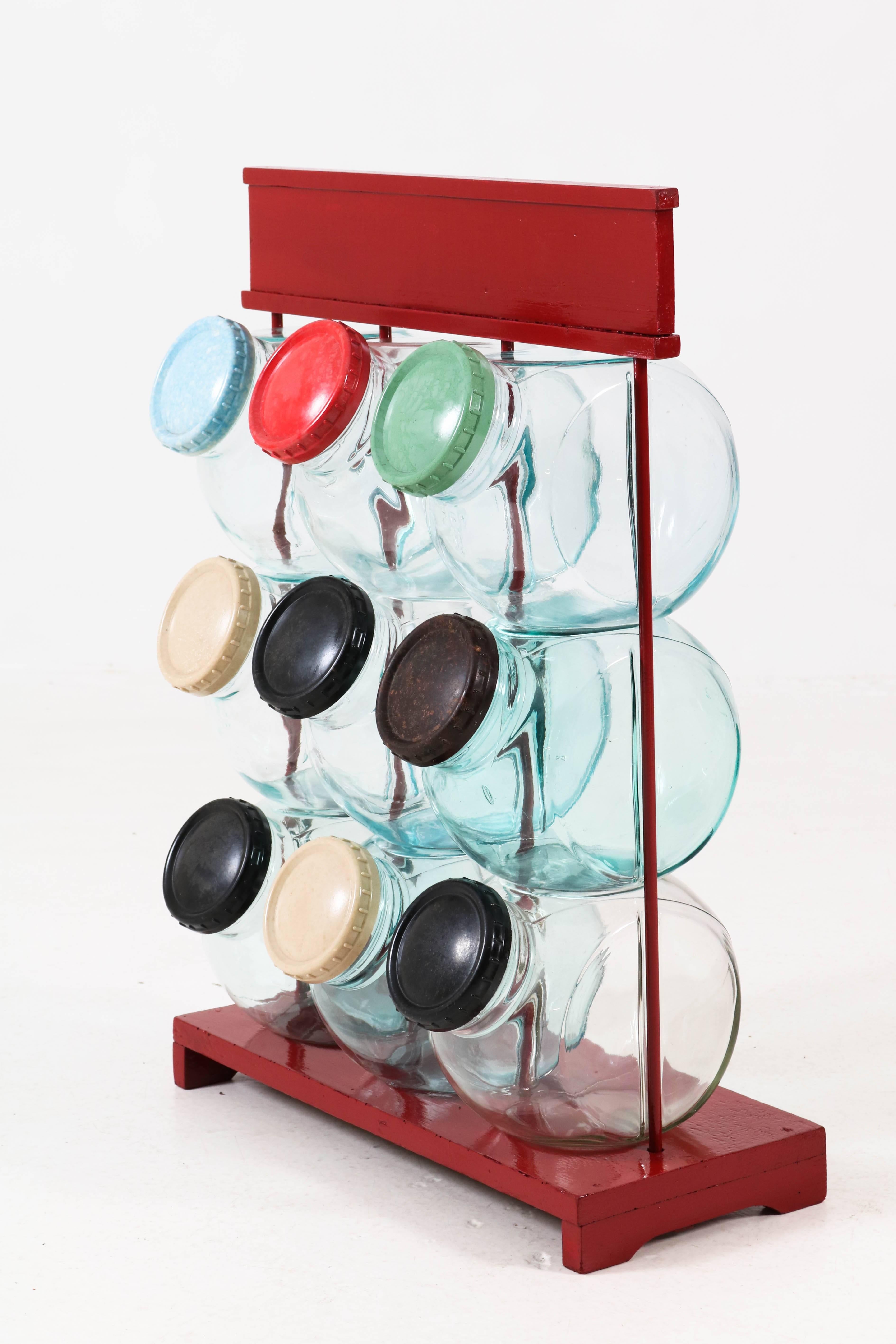 Vintage Shop Display Stand with Nine Jars, 1950s In Good Condition In Amsterdam, NL