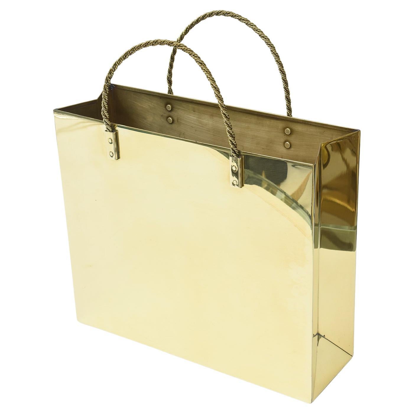 Vintage Shopping Bag Brass Sculpture and Or Magazine Holder with Braided Handles