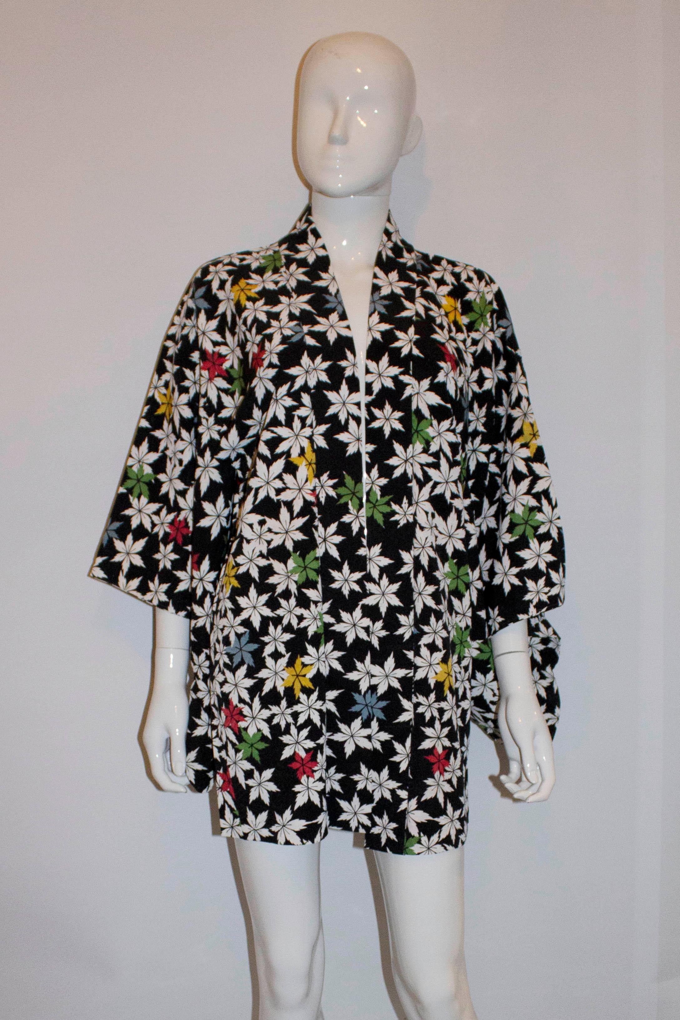 Black Vintage Short Kimono  with Multi Colour Leaf Design For Sale