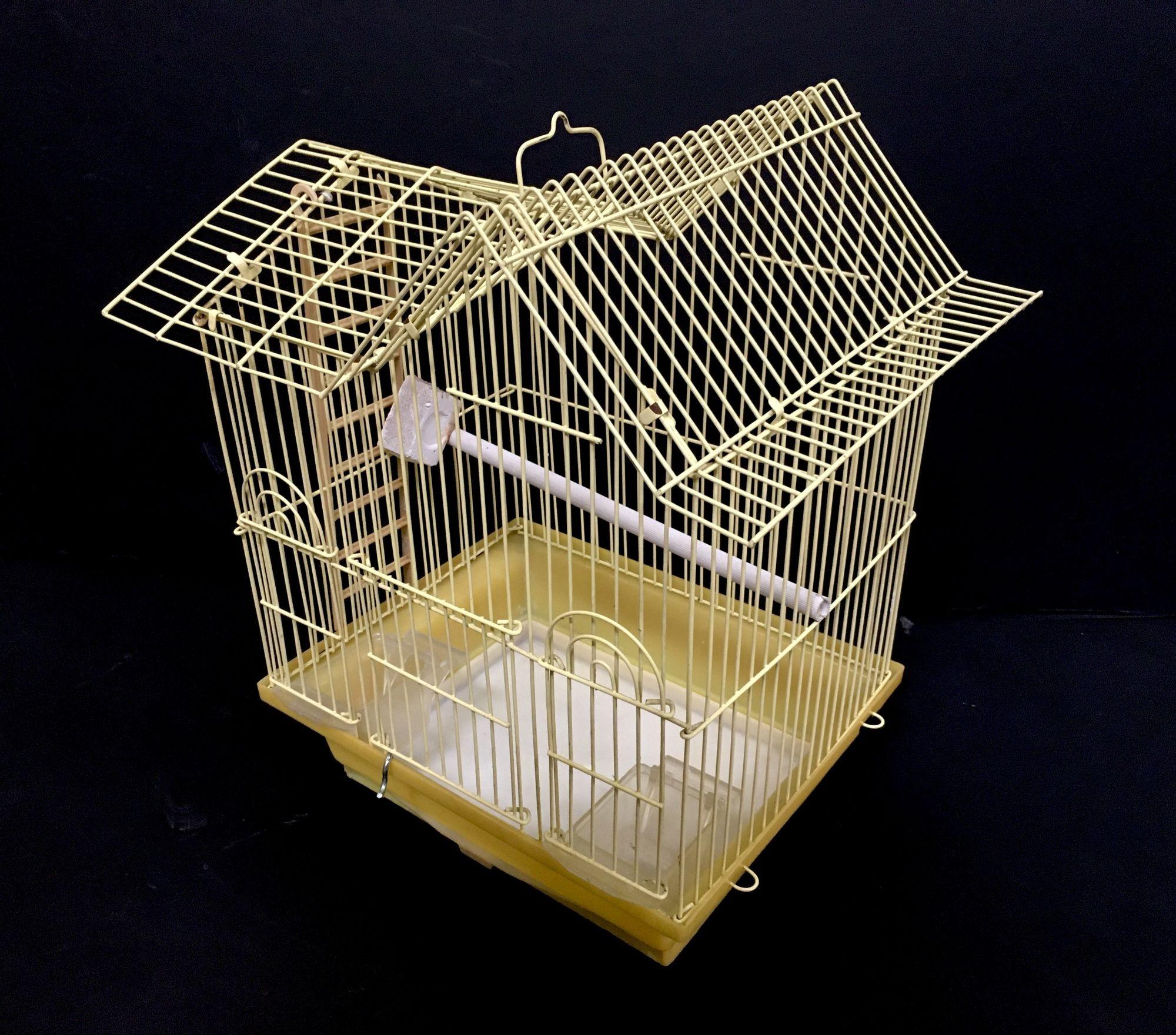 Vintage Short Wire House Birdcage Single Roof in Yellow with Accessories 4