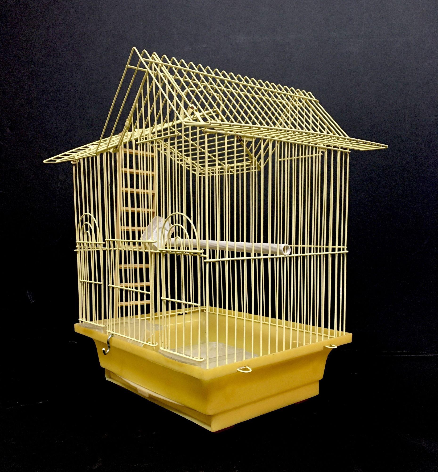 Late 20th Century Vintage Short Wire House Birdcage Single Roof in Yellow with Accessories