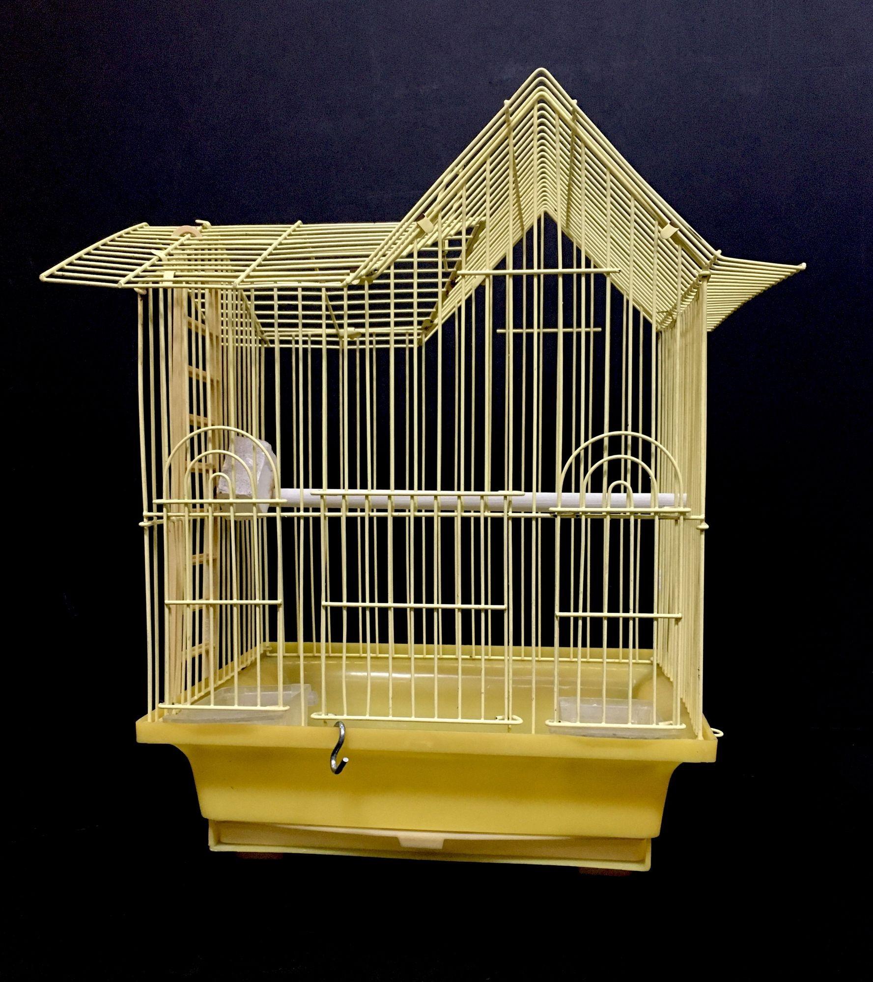 Vintage Short Wire House Birdcage Single Roof in Yellow with Accessories 1