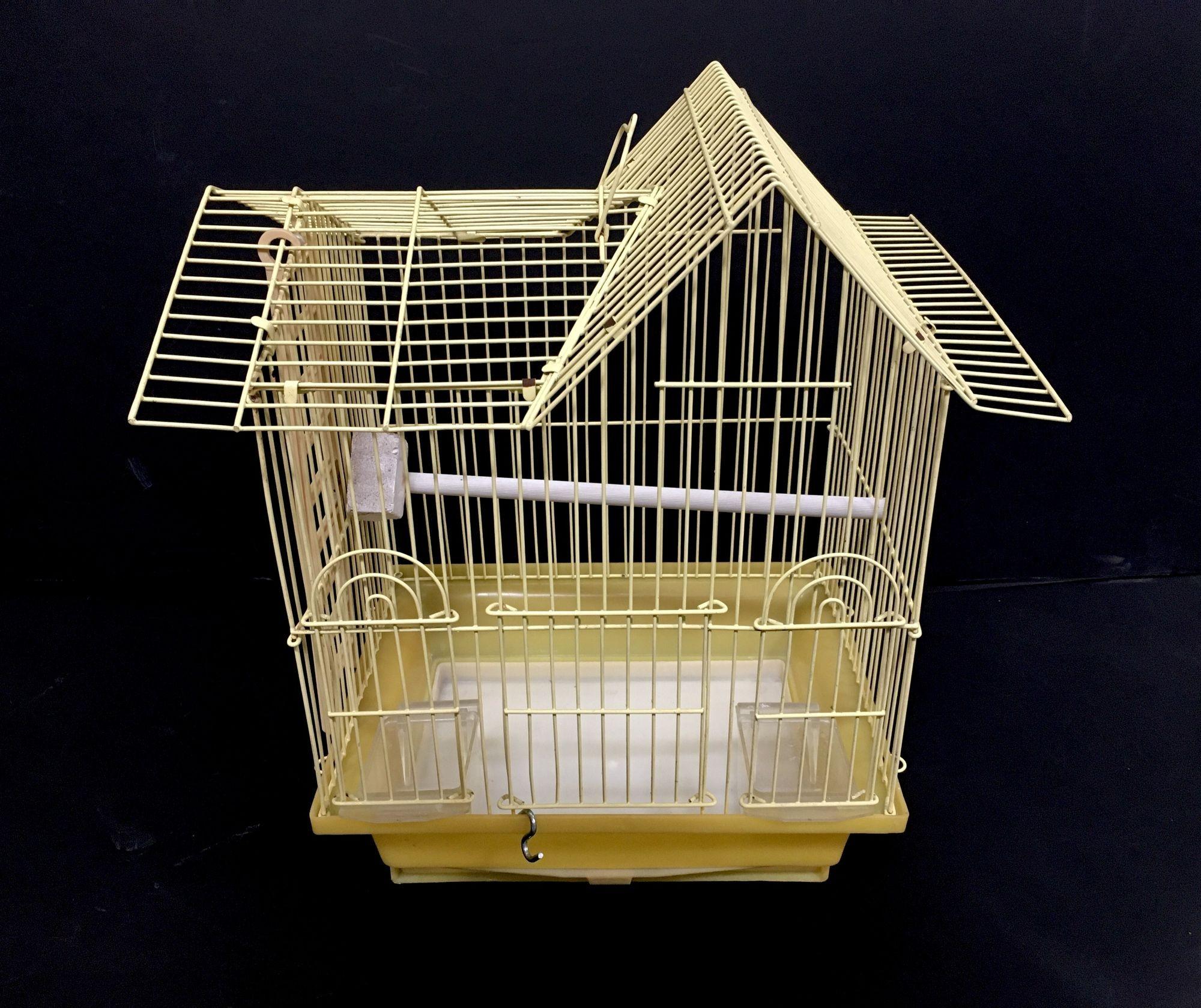 Vintage Short Wire House Birdcage Single Roof in Yellow with Accessories 2