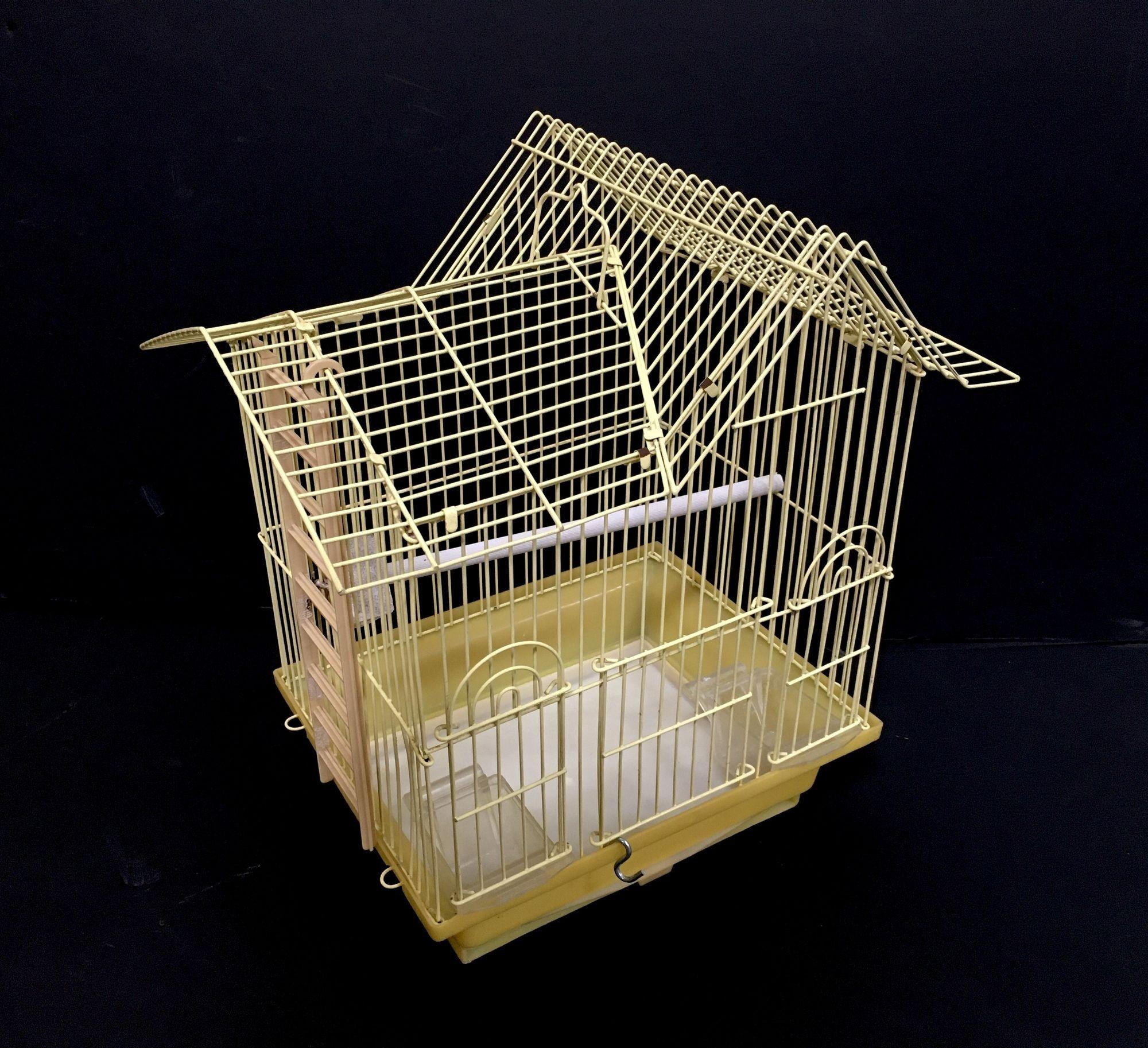 Vintage Short Wire House Birdcage Single Roof in Yellow with Accessories 3