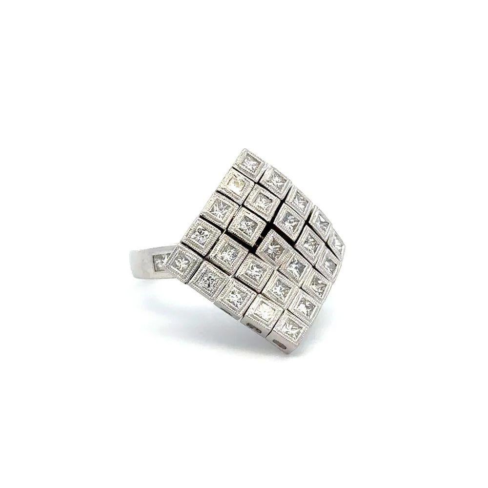 Simply Beautiful! Awesome Red Carpet Square Princess Cut Diamond Bias Statement Cocktail Ring. Securely Hand set with 25 Princess Cut Diamonds, weighing approx. 1.70tcw. Hand crafted 18K White Flexible Bias Gold mounting. Ring size 7, we offer ring