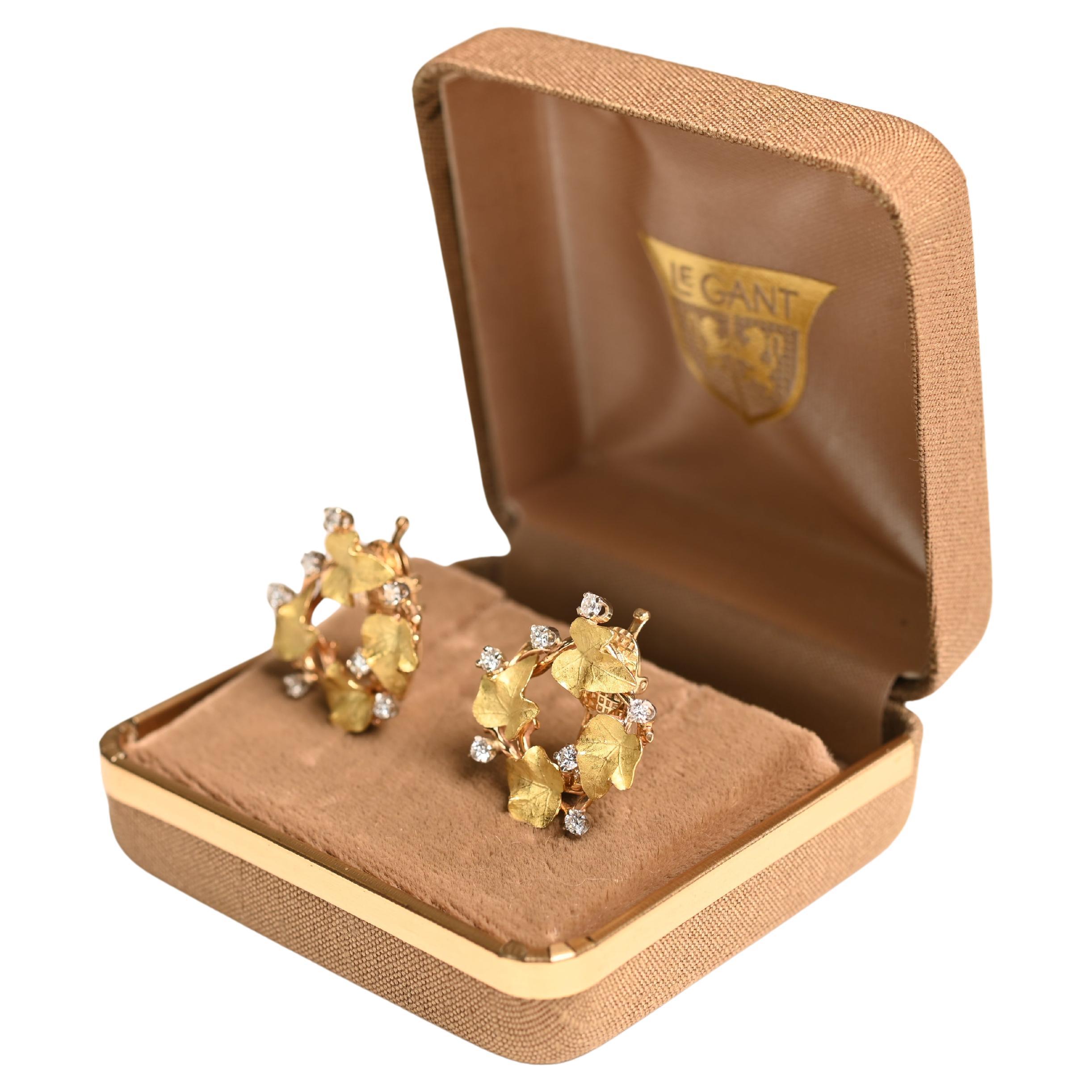 Art Deco Vintage Shreve, Crump & Low Leaf-Branch Pattern Earrings, 18K Yellow Gold For Sale