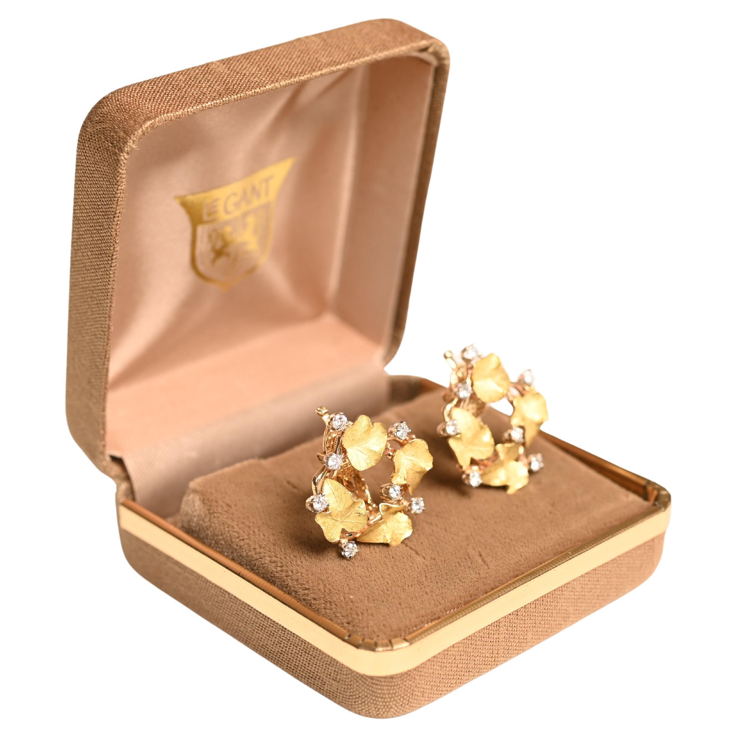 Vintage Shreve, Crump & Low Leaf-Branch Pattern Earrings, 18K Yellow Gold For Sale