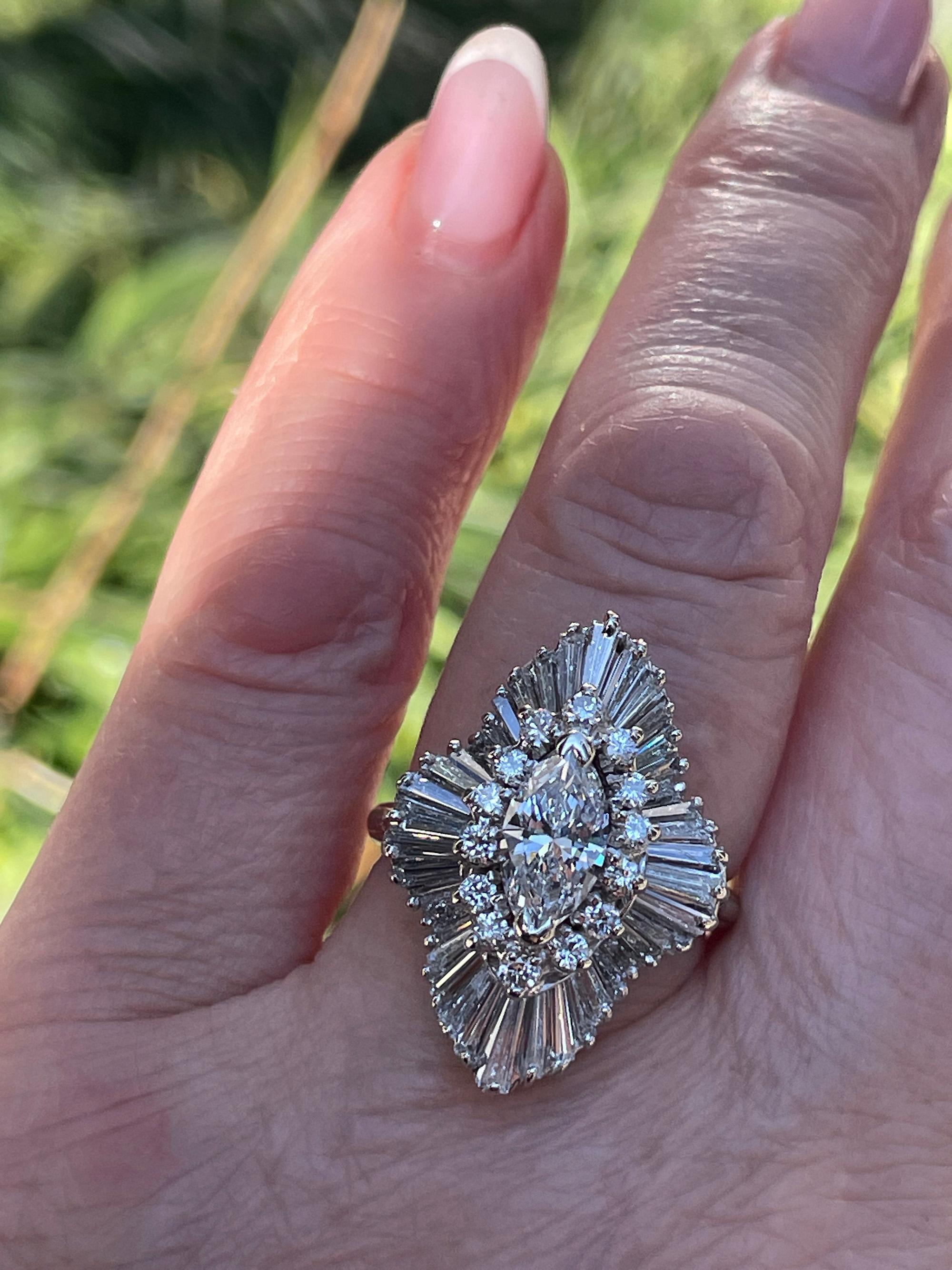 Vintage Shy 4.0ctw Diamante Marquesa Bailarina Cocktail Anillo de Oro Blanco de 18k Años 50 5