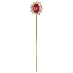 Vintage Siam Ruby Tie Pin with Diamonds in 18 Carat Gold, English, circa 1970