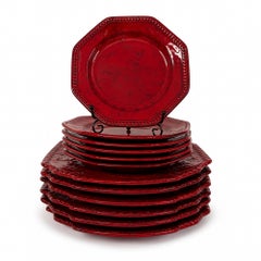 Vintage Sicilian Hand-Painted Ceramic Plate Set, Tomato-Red Glaze