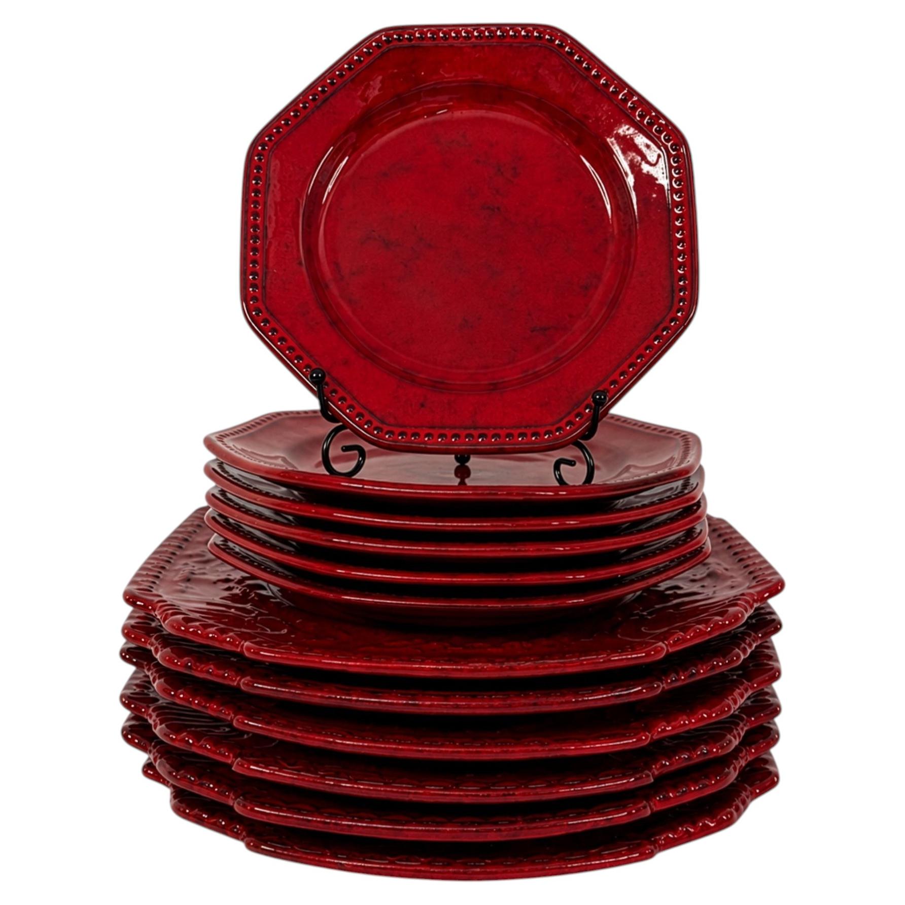 Ensemble d'assiettes en céramique siciliennes vintage peintes à la main, émail rouge tomate