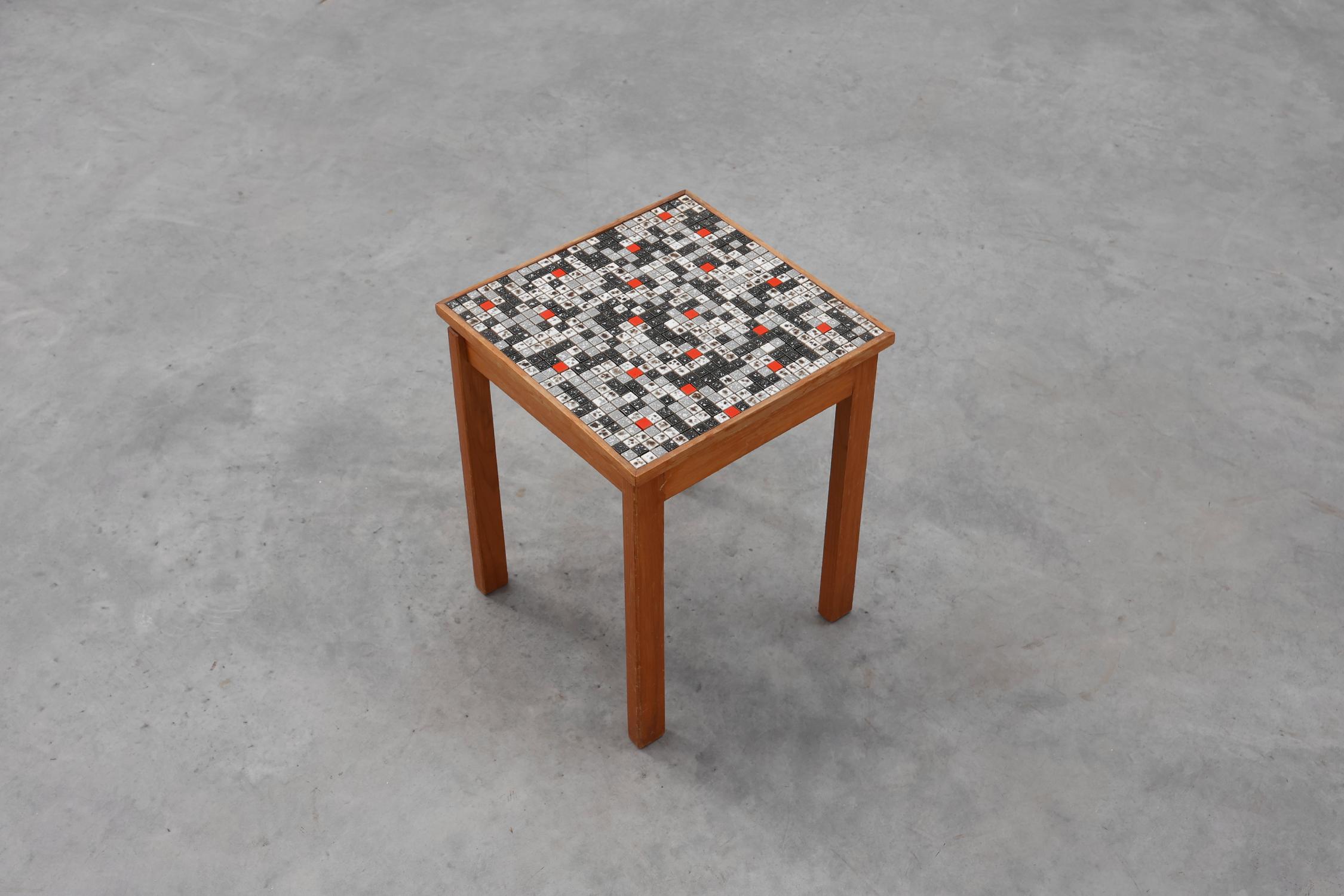 Belgian Vintage side table in pine wood tiled with mosaic, Belgium 1950s For Sale