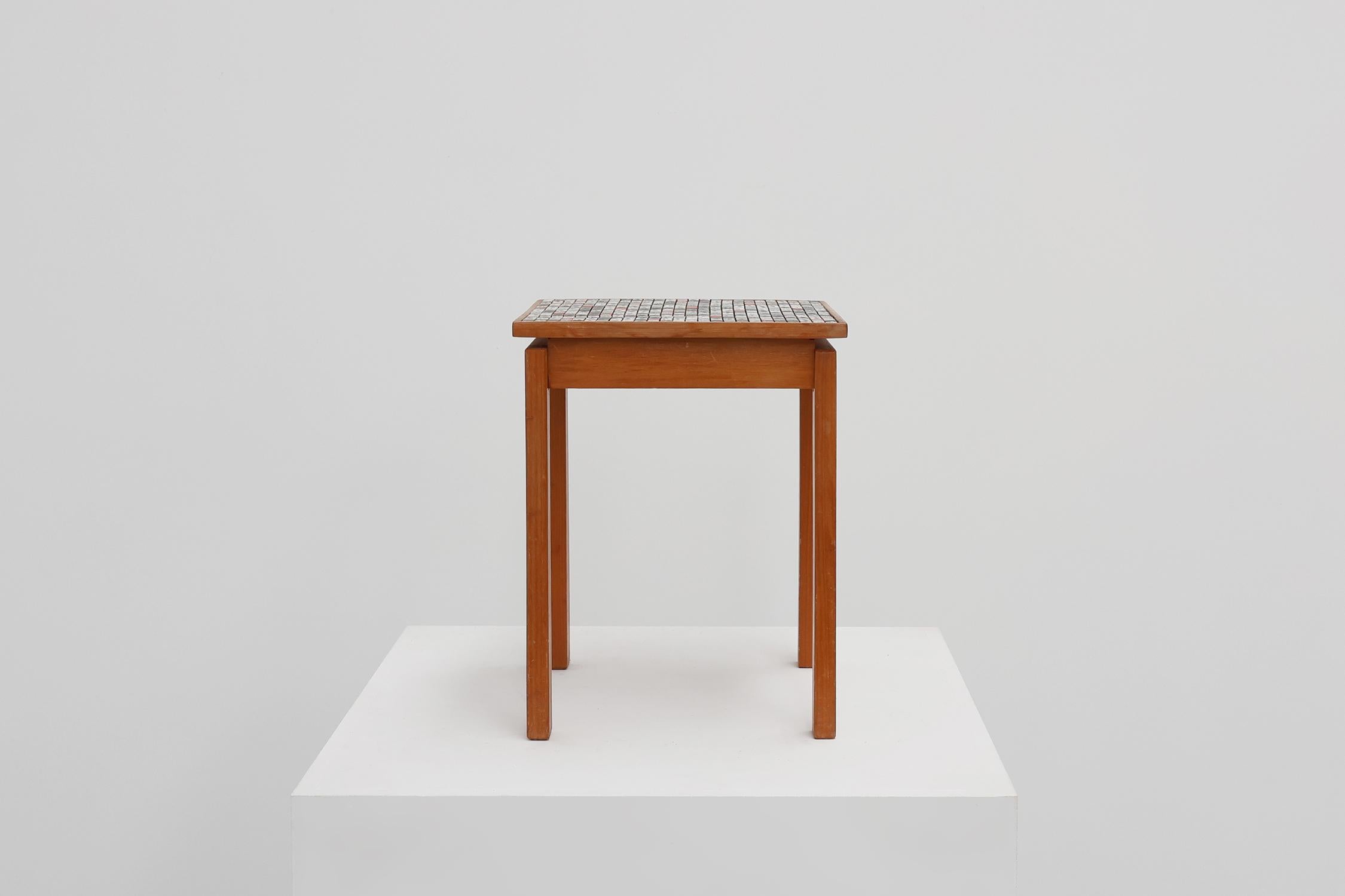Ceramic Vintage side table in pine wood tiled with mosaic, Belgium 1950s For Sale