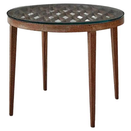 Vintage Side Table in Wood and Glass Top with Decorative Details, Italy, 1950s For Sale