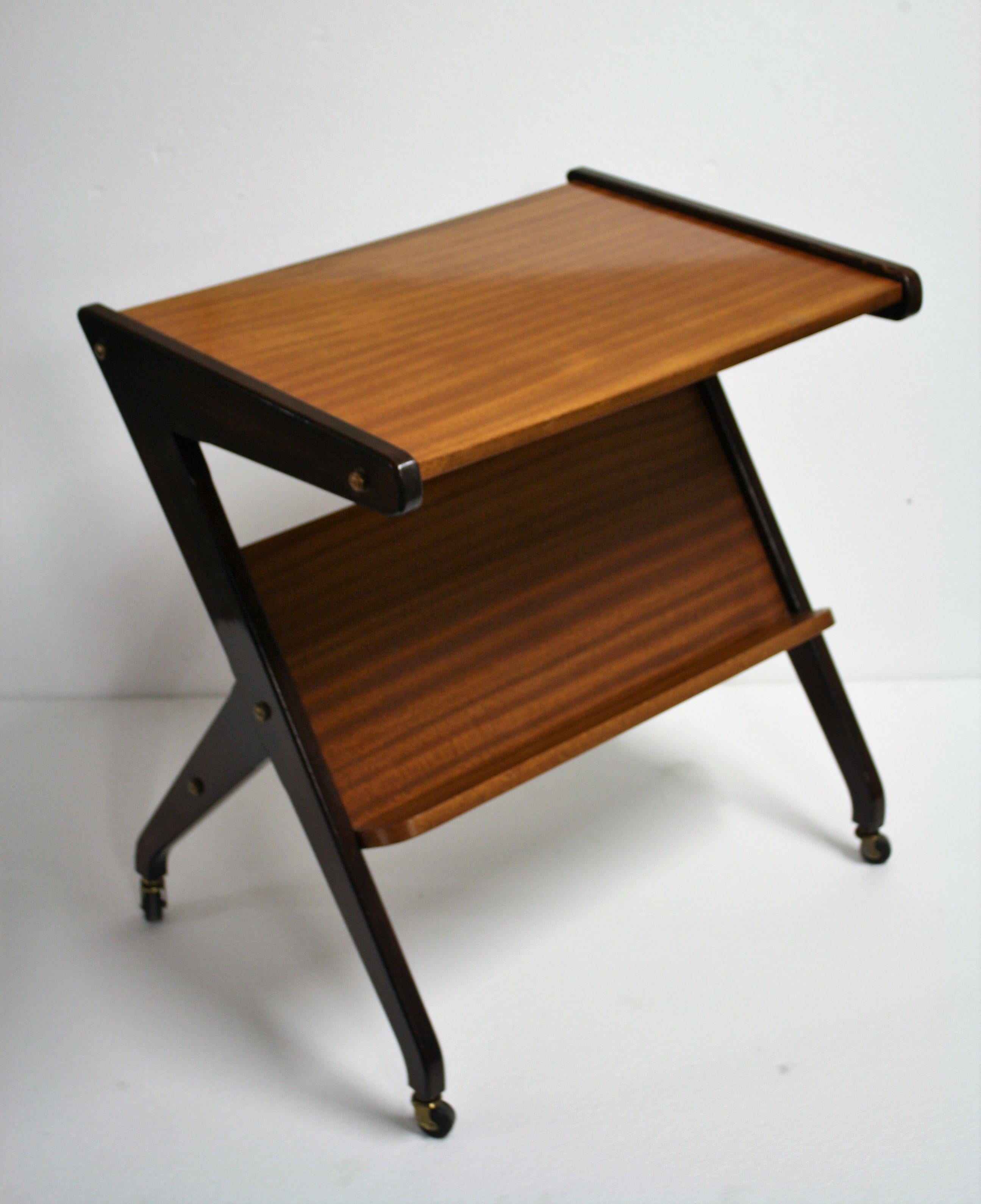 Wood Vintage Side Table on Wheels in the Style of Jean Prouvé, 1950s