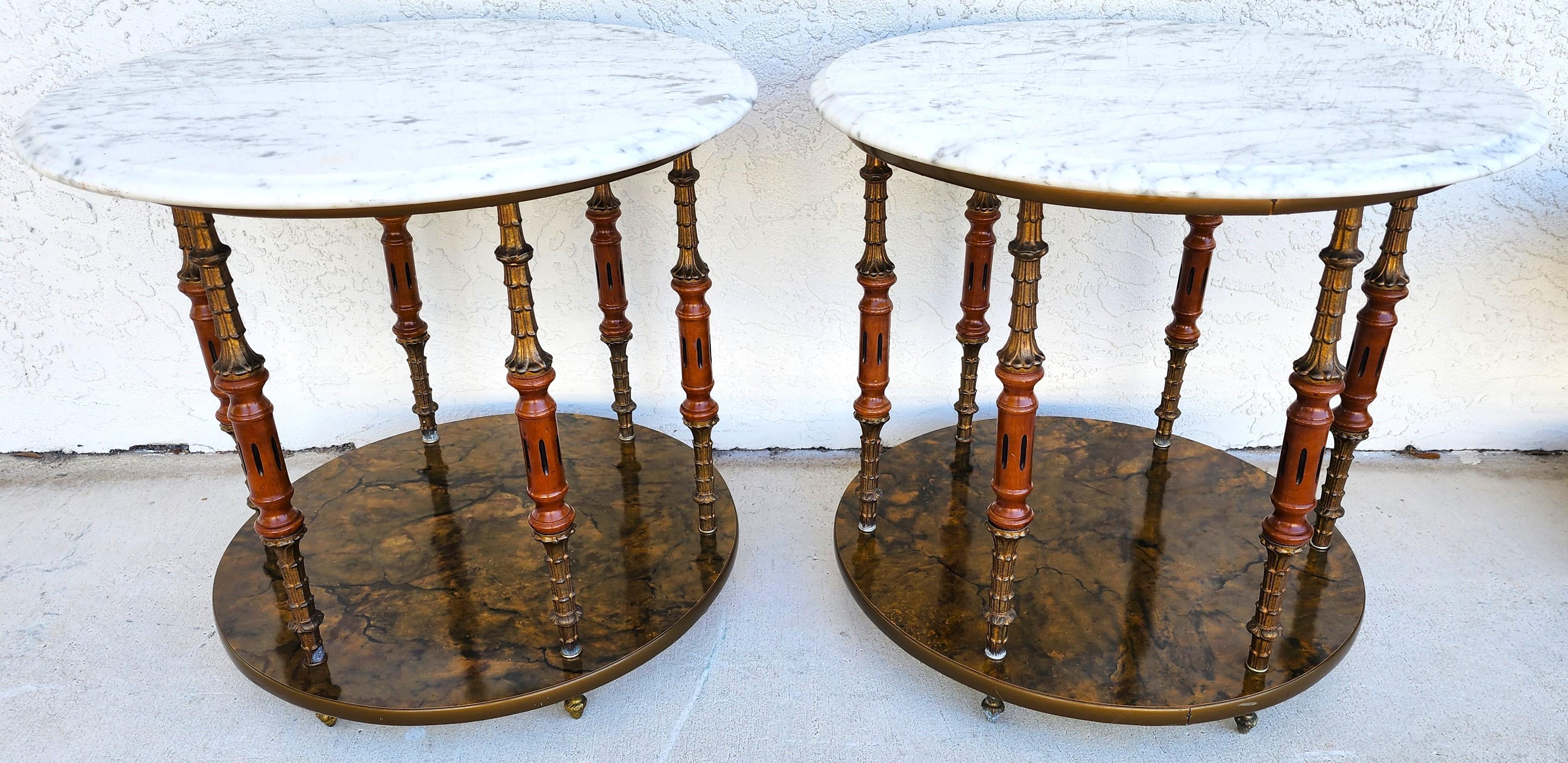 For FULL item description click on CONTINUE READING at the bottom of this page.
Offering One Of Our Recent Palm Beach Estate Fine Furniture Acquisitions Of A
Pair of Vintage Italian Regency Side Tables With Ogee Beveled Edge Carrera Marble and Brass