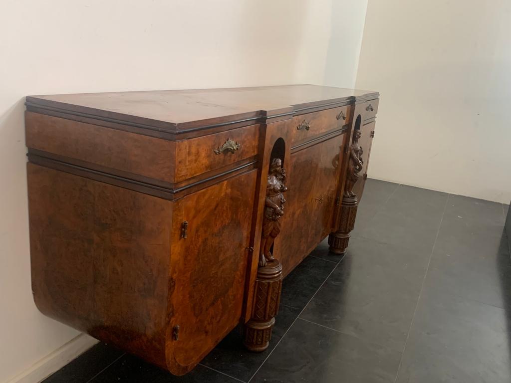 Art Deco Vintage Sideboard in Walnut Root with Sculptures on the Front, 1920s For Sale