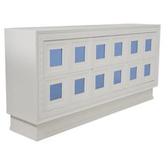 Vintage Sideboard in White Wood and Light Blue Mirror Att. to Paolo Buffa