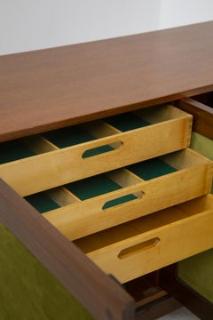 Vintage Sideboard in Wood and Green Velvet Att. to Franco Albini