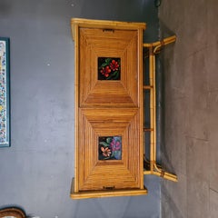 Vintage Sideboard with Sliding Doors in Rattan and Ceramic Tiles from Vallauris
