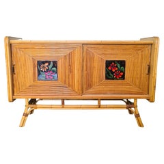 Vintage Sideboard with Sliding Doors in Rattan and Ceramic Tiles from Vallauris