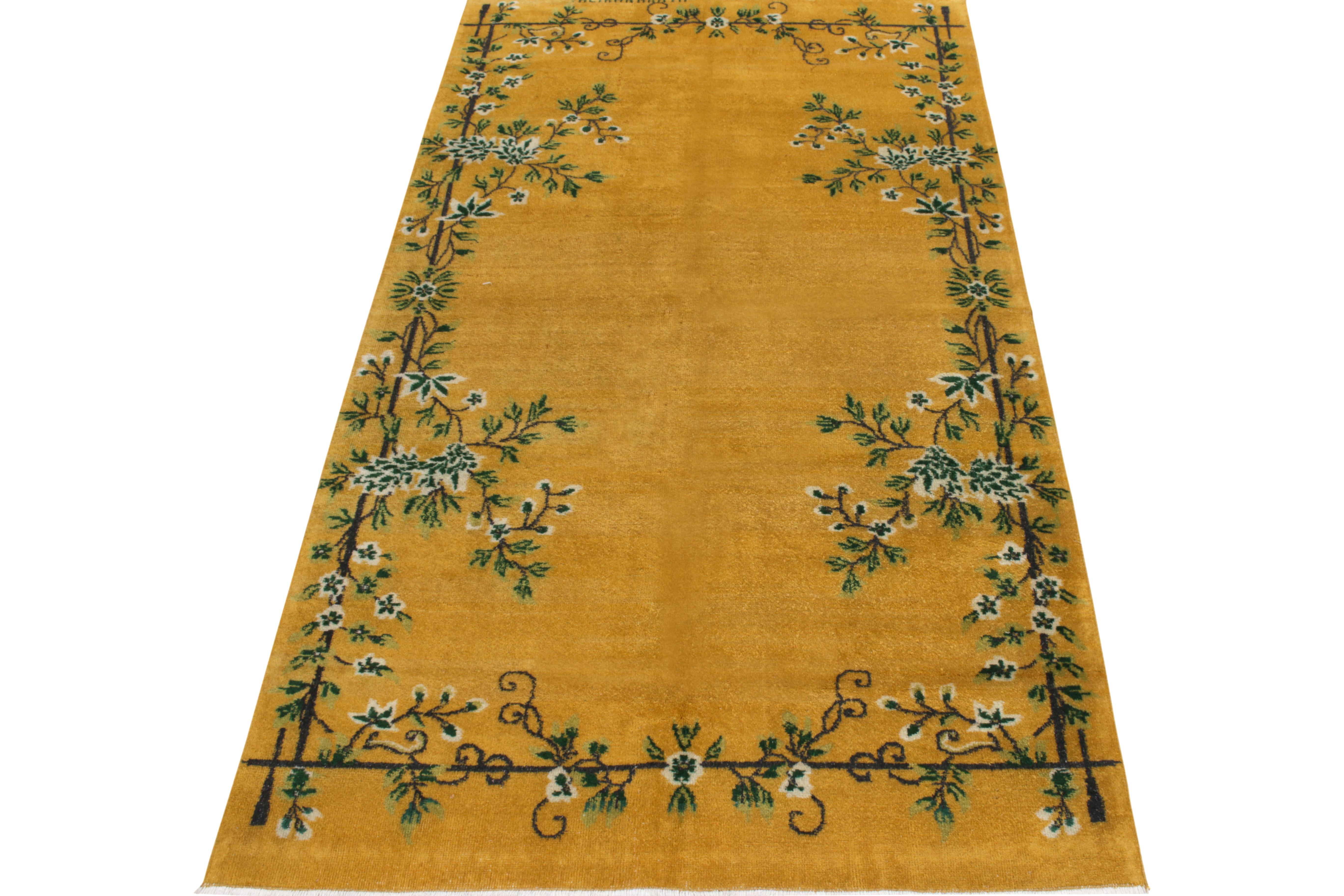 This vintage 5x9 Art Deco rug is a rare signature piece in the new additions to Rug & Kilim’s Mid-Century Pasha Collection. Hand-knotted in wool, it originates circa 1960-1970 and is believed to hail from works by Turkish artist Zeki Müren. 

This