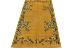 Vintage Signature Art Deco Rug in Gold with Green Floral Patterns by Rug & Kilim