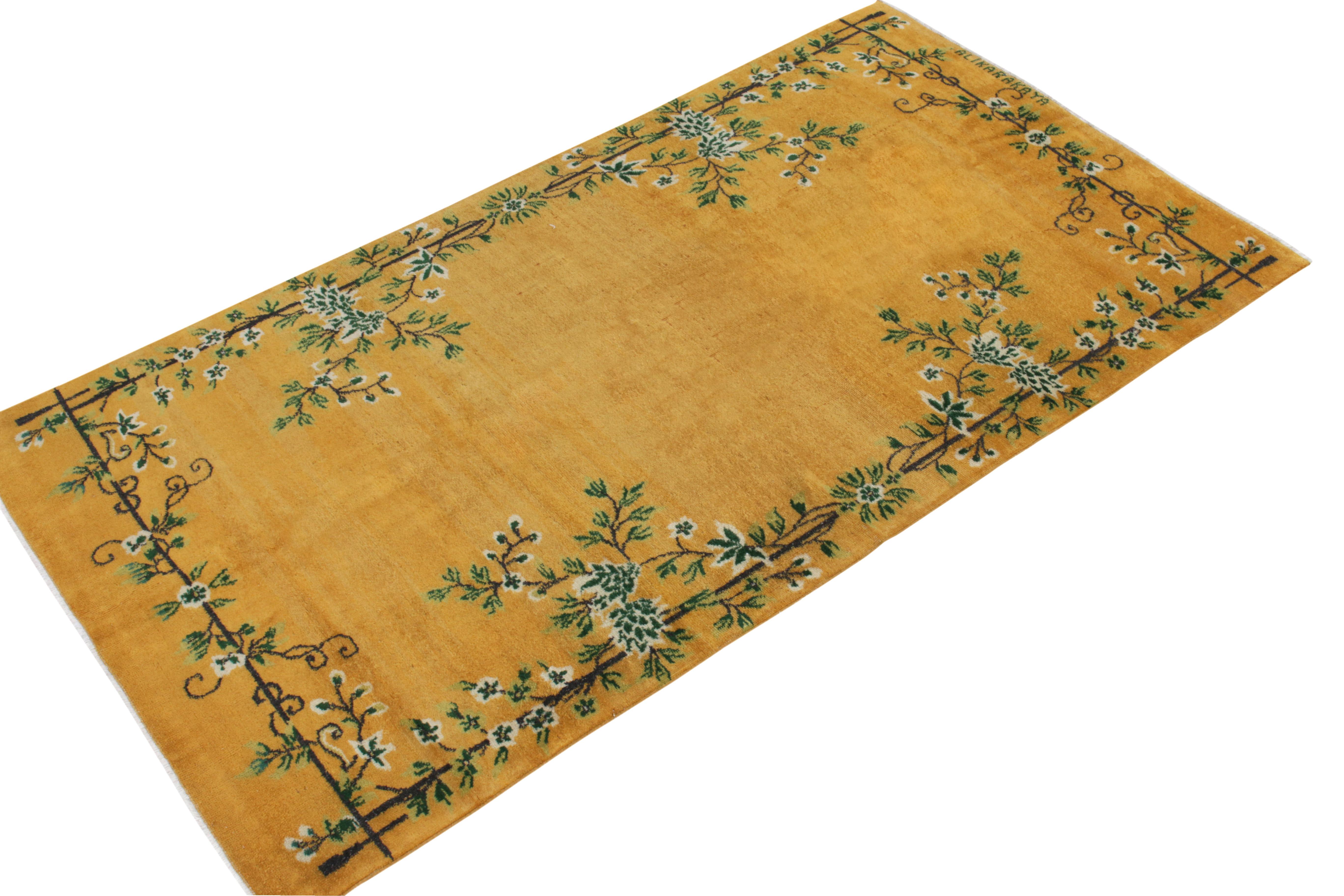 Indian Vintage Signature Art Deco Rug in Gold with Green Floral Patterns by Rug & Kilim For Sale