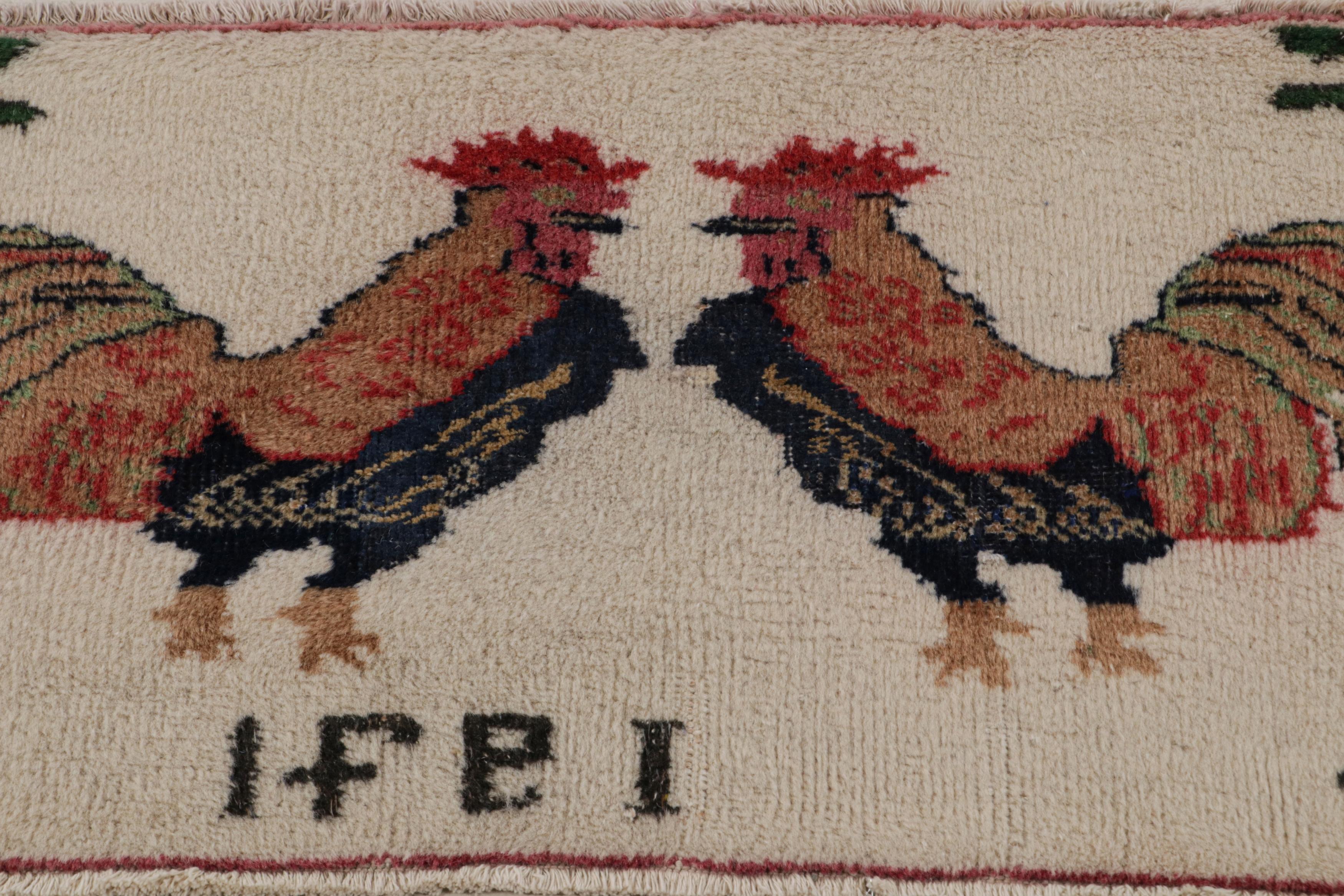 Turkish Vintage Signature Pictorial Rug with Rooster Drawings, from Rug & Kilim For Sale