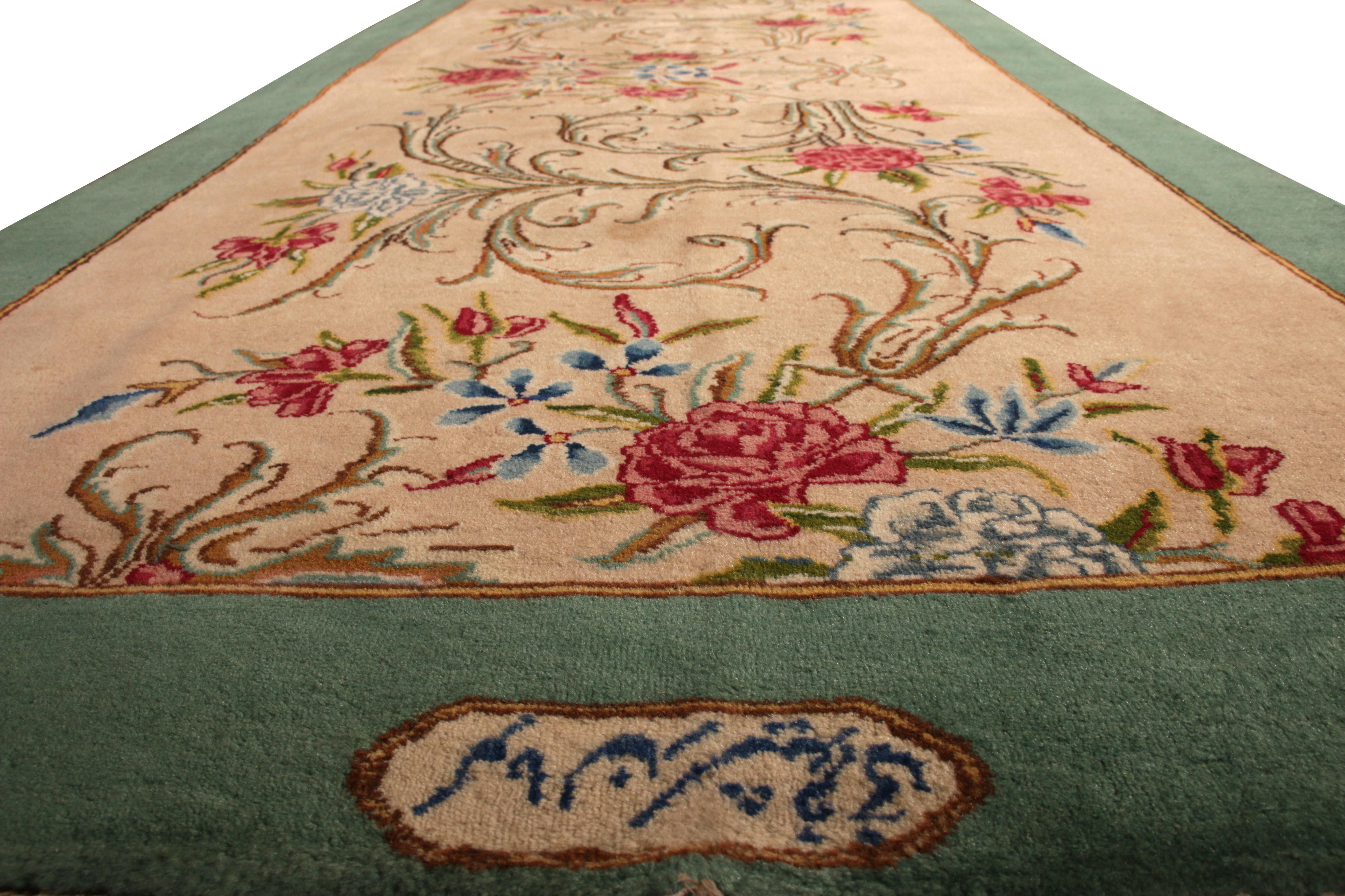Hand-Knotted Vintage Signature Twin Persian Runners in Beige with Red & Green Floral Patterns For Sale