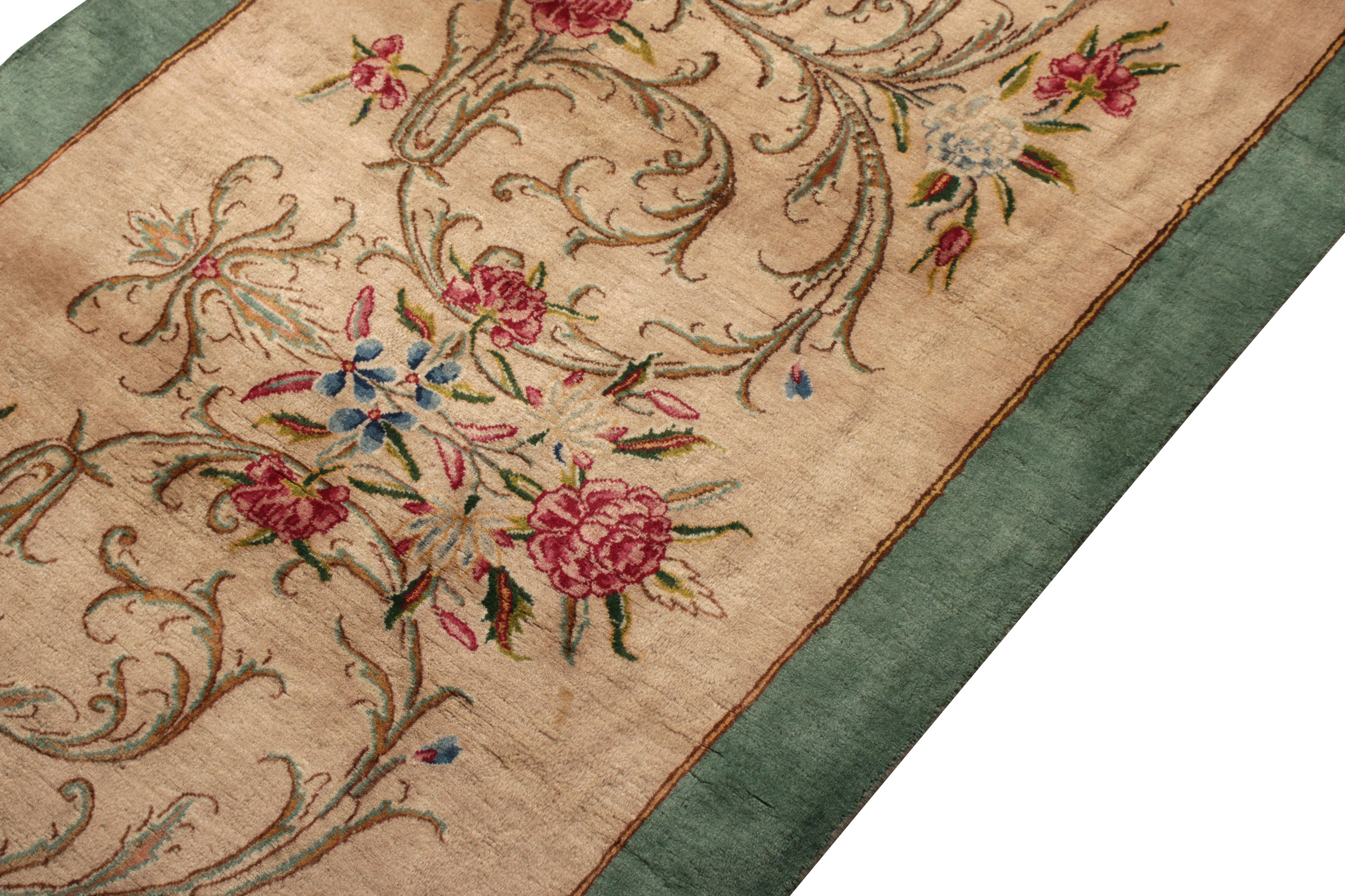 Hand-Knotted Vintage Signature Twin Persian Runners in Beige with Red & Green Floral Patterns For Sale