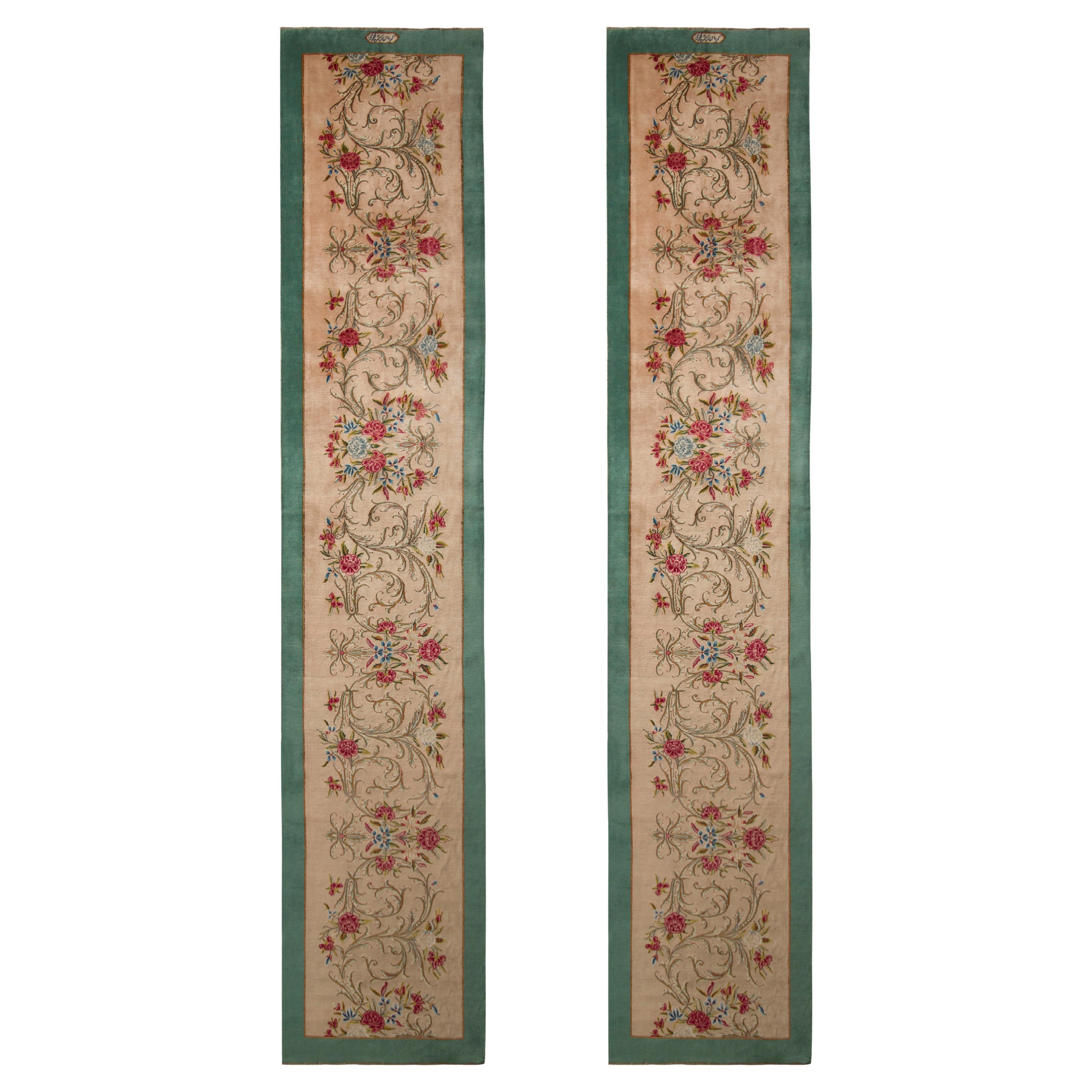 Vintage Signature Twin Persian Runners in Beige with Red & Green Floral Patterns For Sale