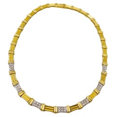 Vintage Signed 0.75 Carat Diamonds Two-Tone 14k Gold Fancy Link Choker Necklace