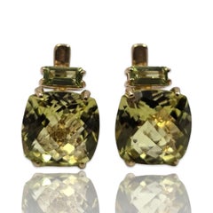 Vintage Signed 14K Gold Earrings with Cushion Green Prasiolite
