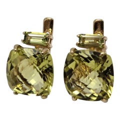 Vintage Signed 14K Gold Earrings with Cushion Green Prasiolite