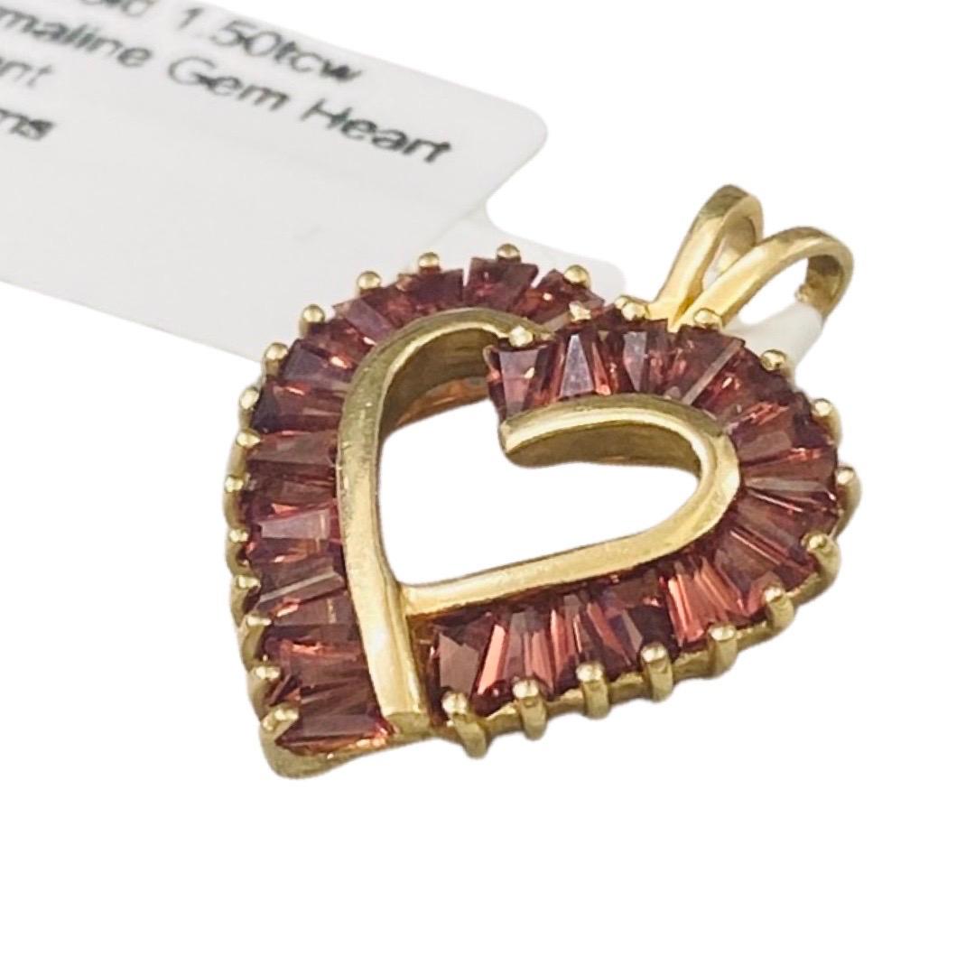 Tapered Baguette Vintage Signed 1.50 Carat Purple Pink Tourmaline Gemstone Heart Pendant 14k Gold For Sale