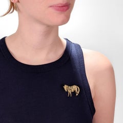 Vintage Signed 18k Gold, Black Enamel, & Diamond Figural Zebra Brooch