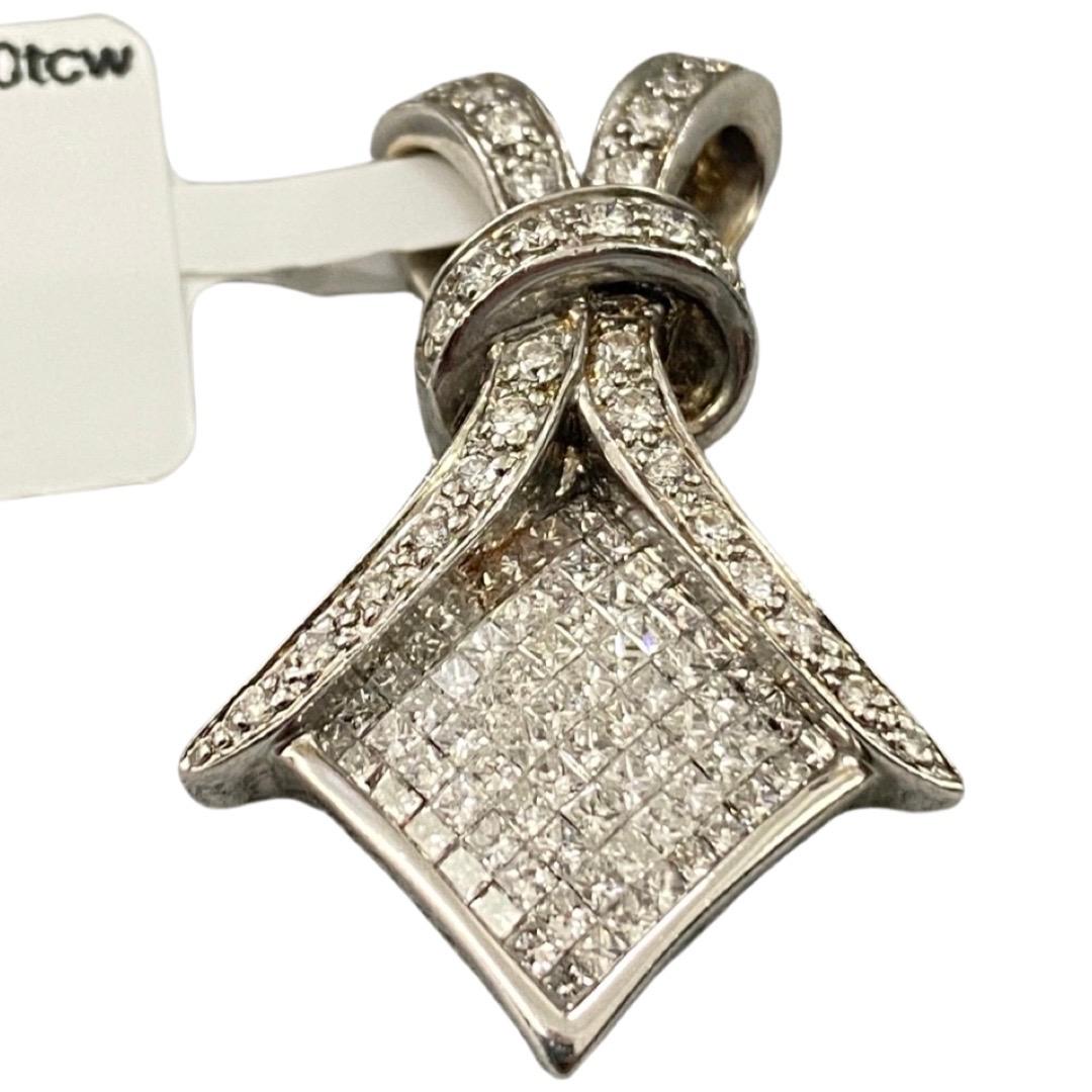 Vintage Signed 2.00 Carat Diamonds Fancy Design Pendant 14k White Gold. Very luxurious designed and stamped JPM as maker and 14k for gold purity. The diamonds featured are princess cut and round diamonds H/SI color and clarity. The pendant weight a