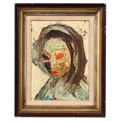 Vintage Signed Abstract Expressionism Oil Painting, Head Portrait by Leo Fred