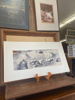 Vintage Signed Abstract Ink Drawing of Horse Race.