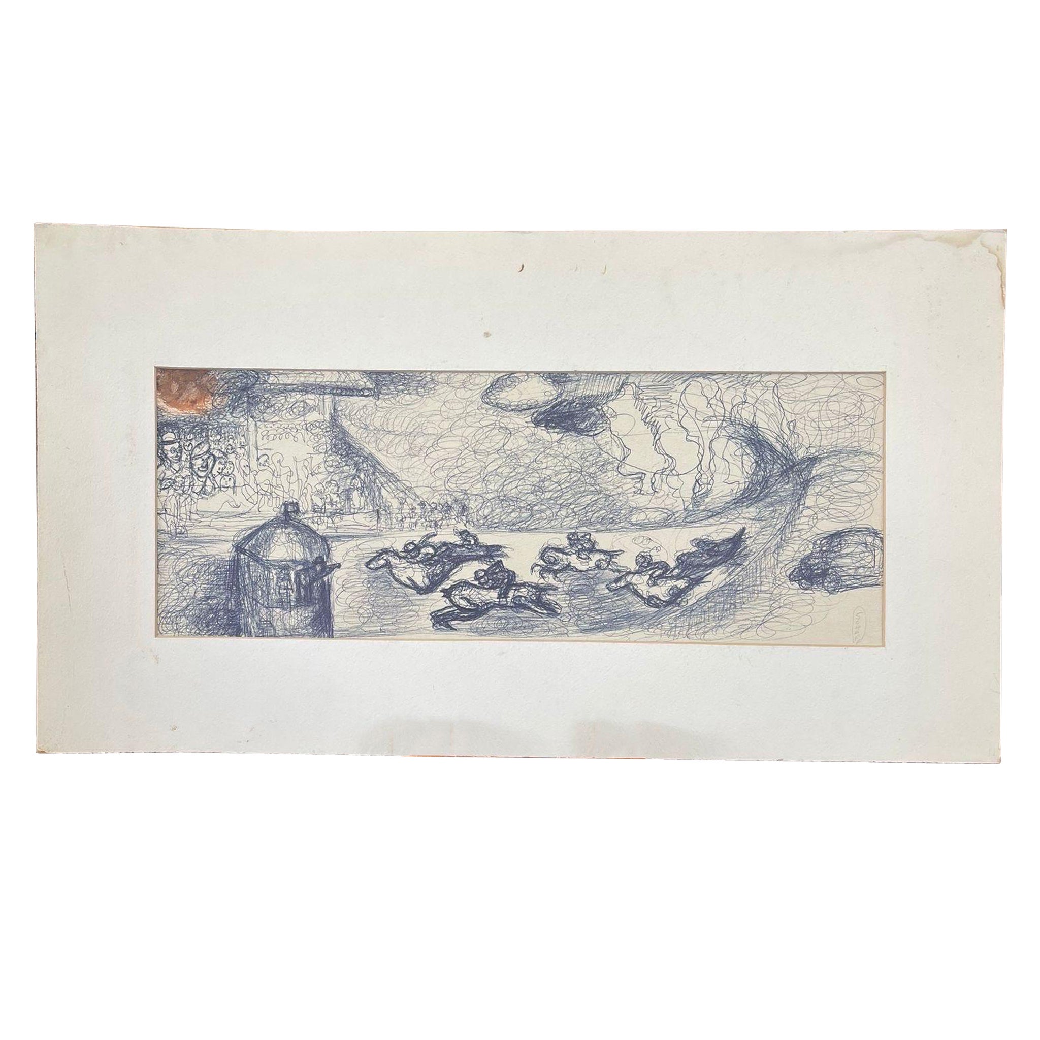 Vintage Signed Abstract Ink Drawing of Horse Race.