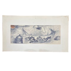Vintage Signed Abstract Ink Drawing of Horse Race.